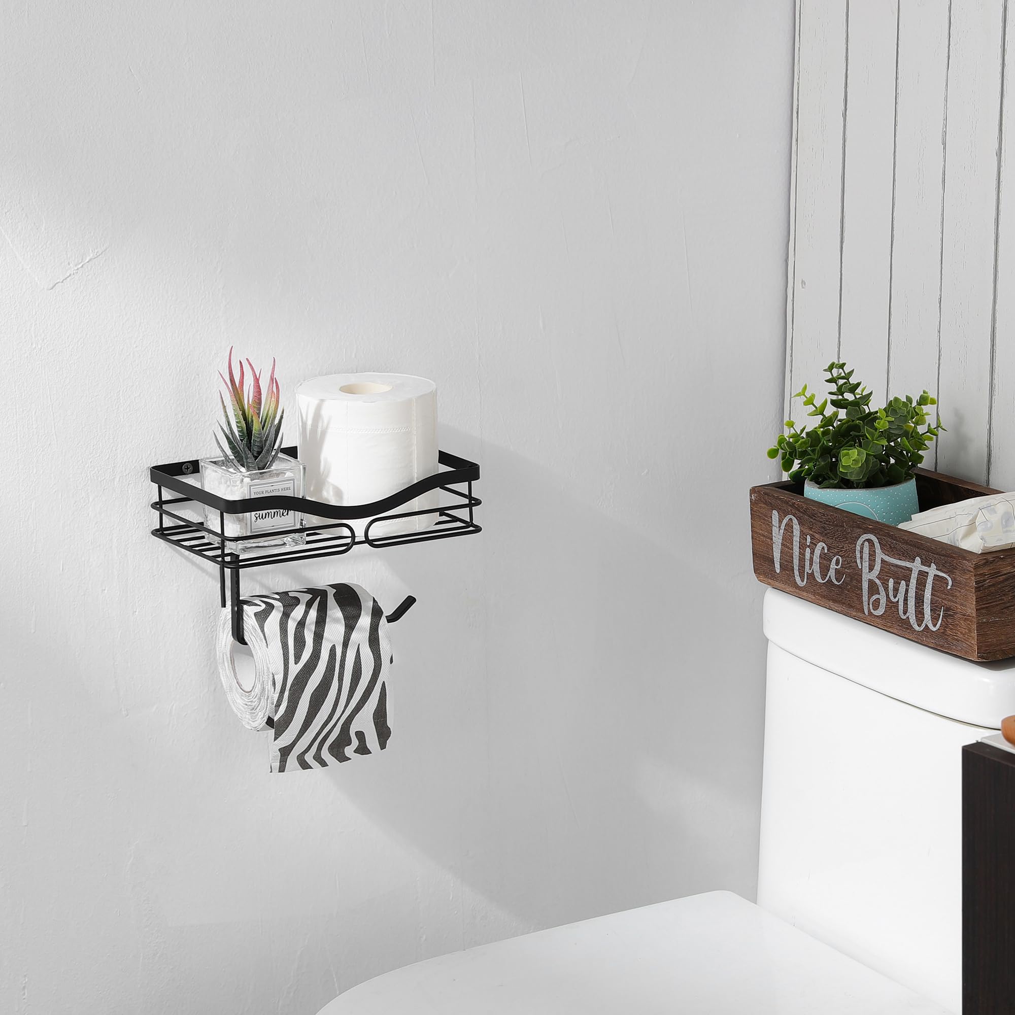 Simple Toilet Paper Holder With Shelf - Toilet Roll Holder Self Adheisve&Wall Mounted Bathroom Organizer Decor For Wipes&Reading