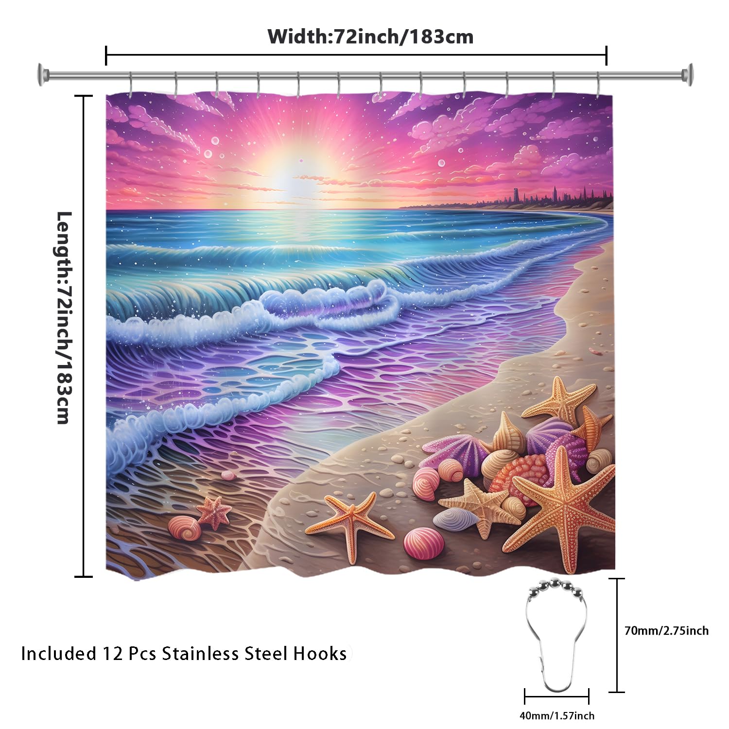 Purple Sunrise Beach Shower Curtain Coastal Seashell Ocean Shower Curtain For Bathroom 72X72 Inch Waterproof Fabric Bathroom Cur