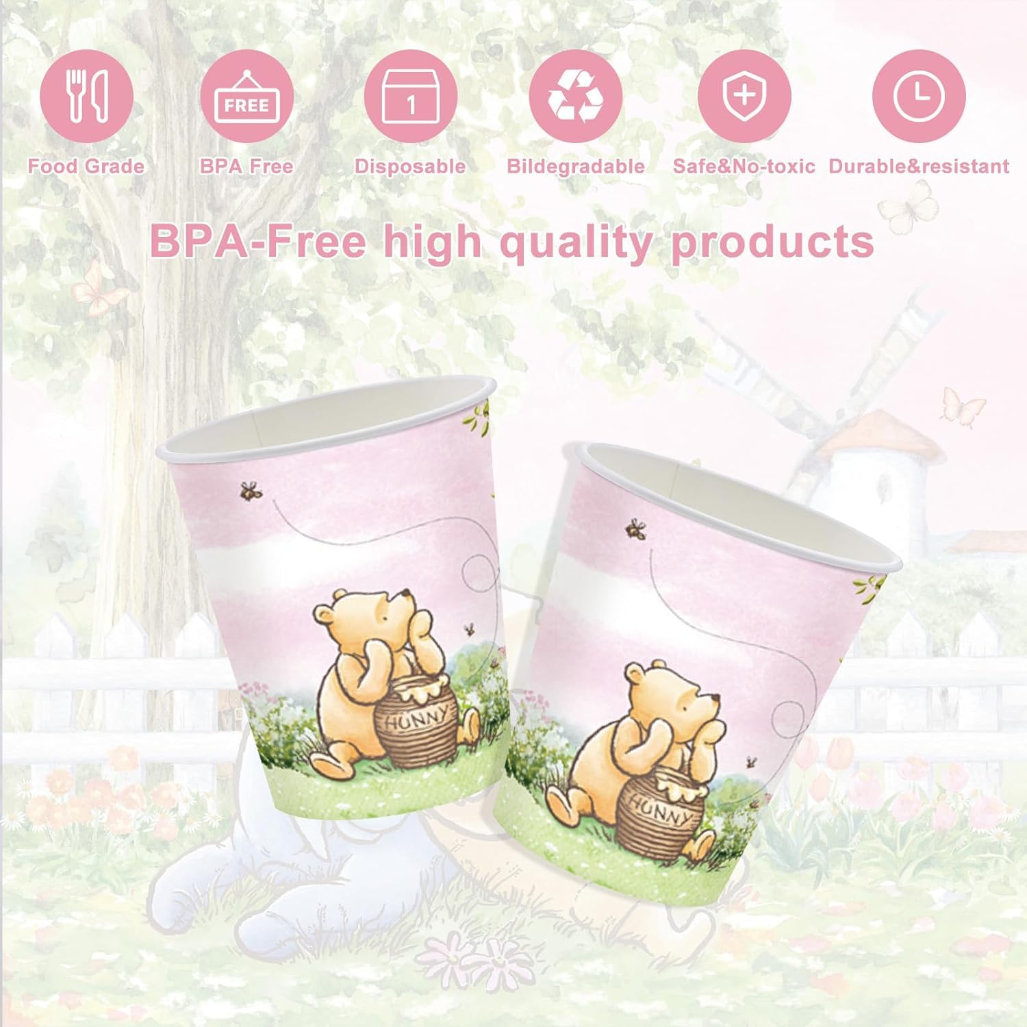 120Pcs Pink Classic Winnie Bear Party Supplies Babyshower 1St Party Decorations For Kids Girls Birthday Neutral Bear Plates Napk