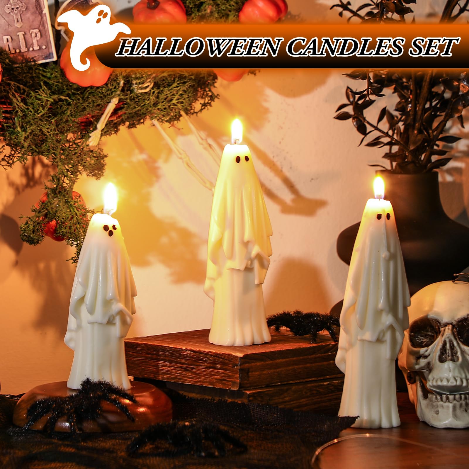 Nuanchu 3 Pcs Halloween Ghost Decor Ghost Candles Gothic Decoration Indoor Gift for Mantel Halloween Table Centerpiece Cute Goth