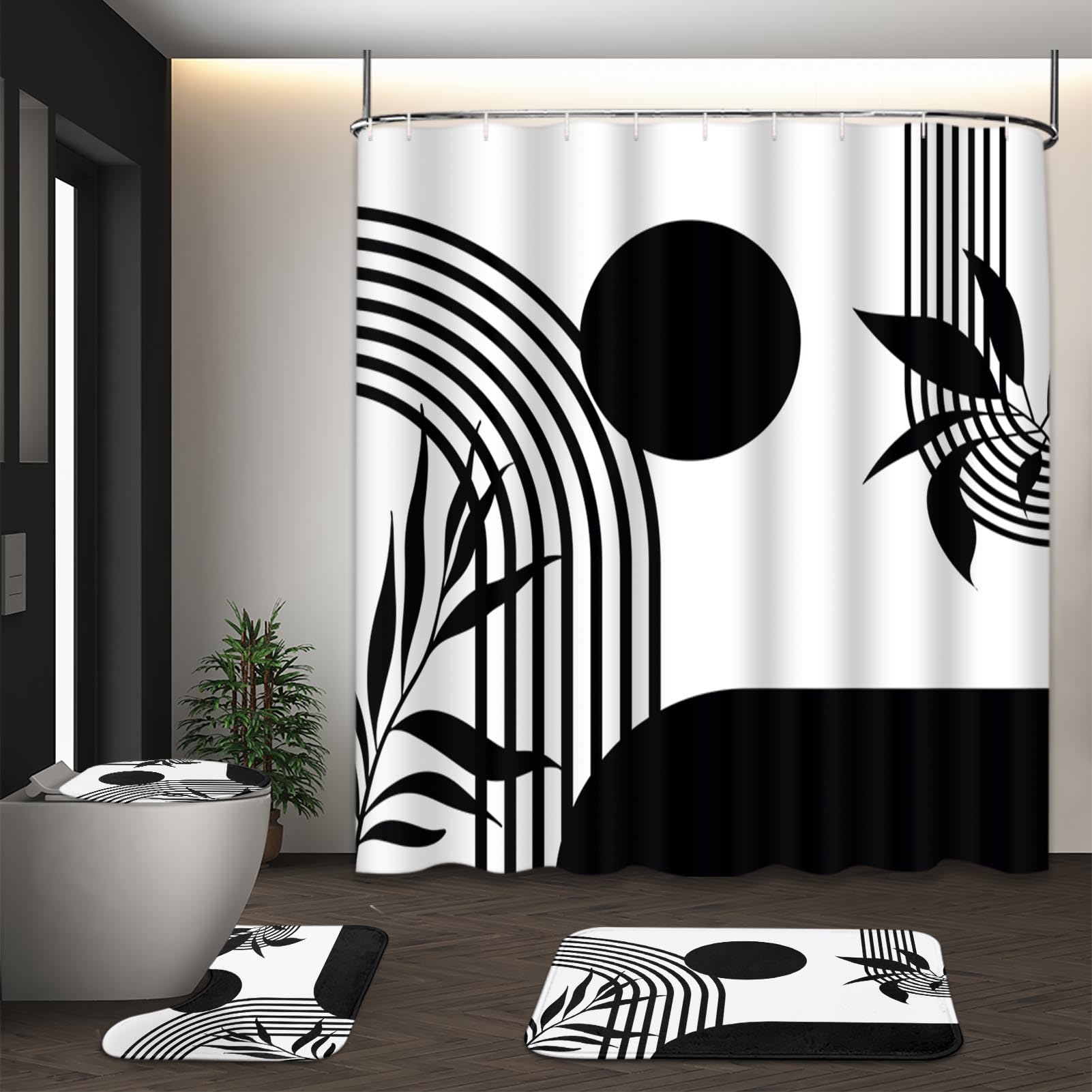 Tayney Boho Mid Century Shower Curtain Set With Toilet Lid Cover And Non-Slip Rugs, Abstract Geometric Black White 4 Pcs Modern 