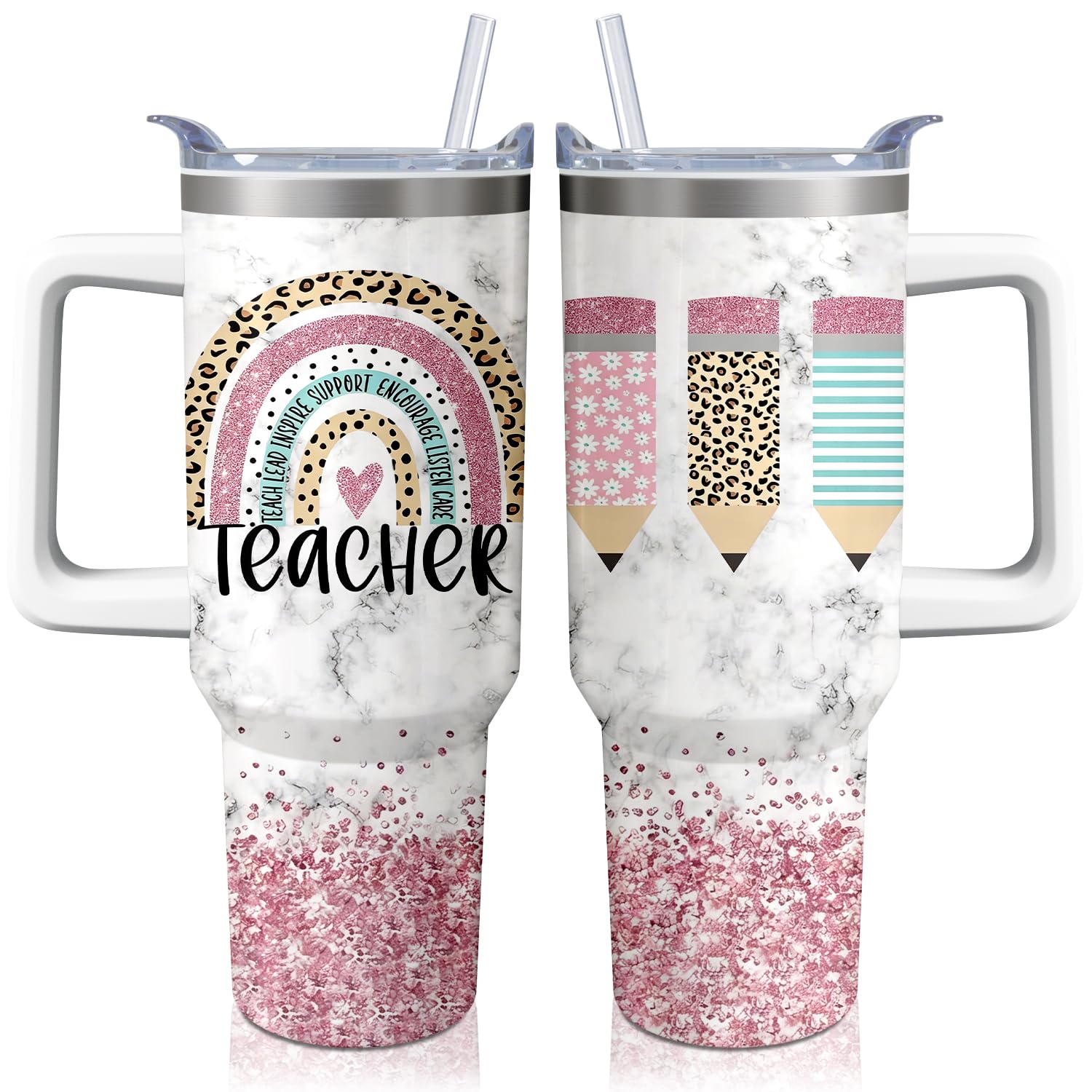 40oz Teacher Gifts Tumbler with Handle and Straw, Stainless Steel Insulated Cup with Lid, Travel Coffee Mug Water Bottle, Birthd
