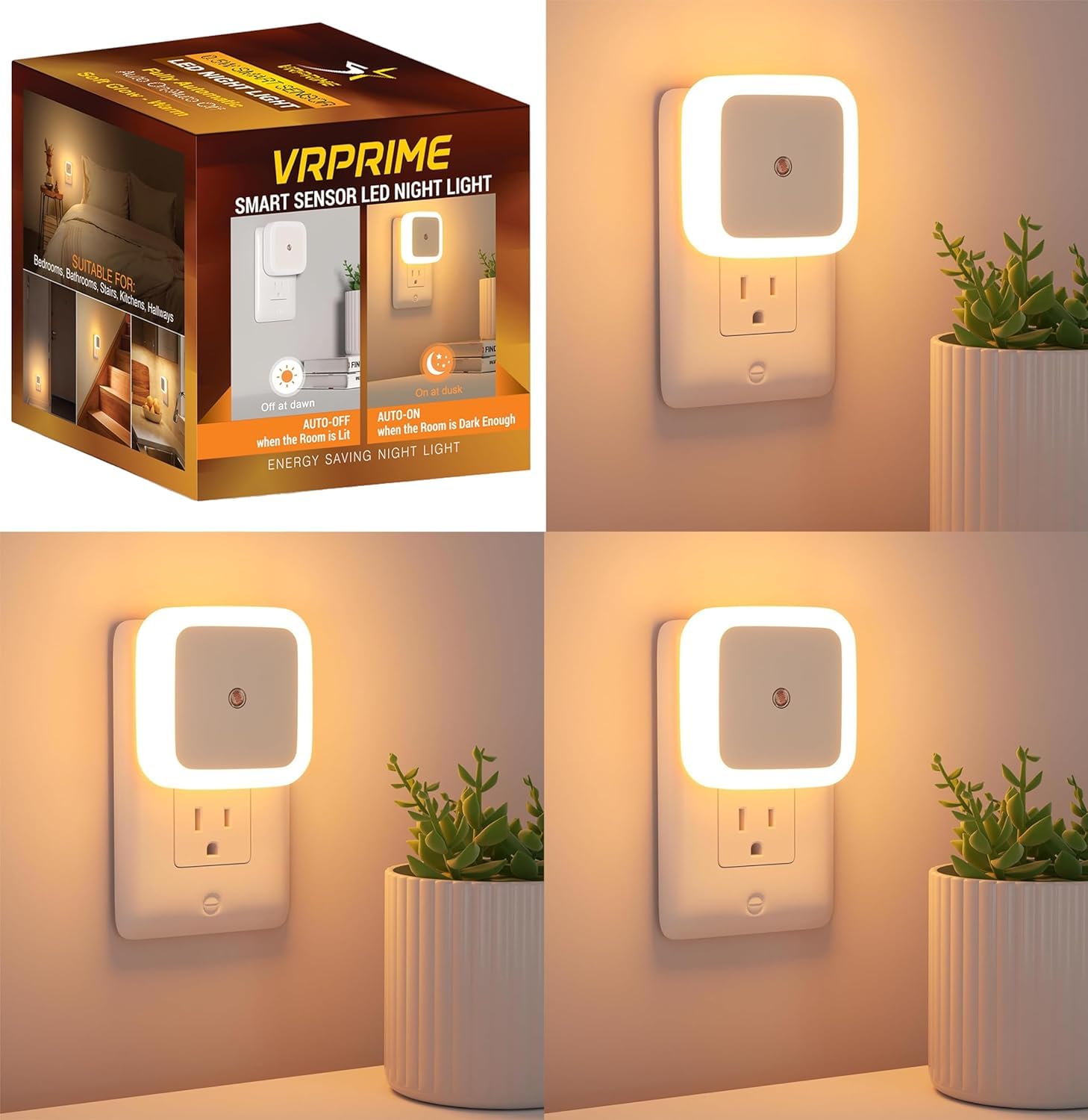 Vr Prime Plastic 3Pc Night Lamp Sensor Light For Bed Side Home|Smart Automatic On/Off Dim Led Lights|Energy Saving 0.5W Lamp|Lon