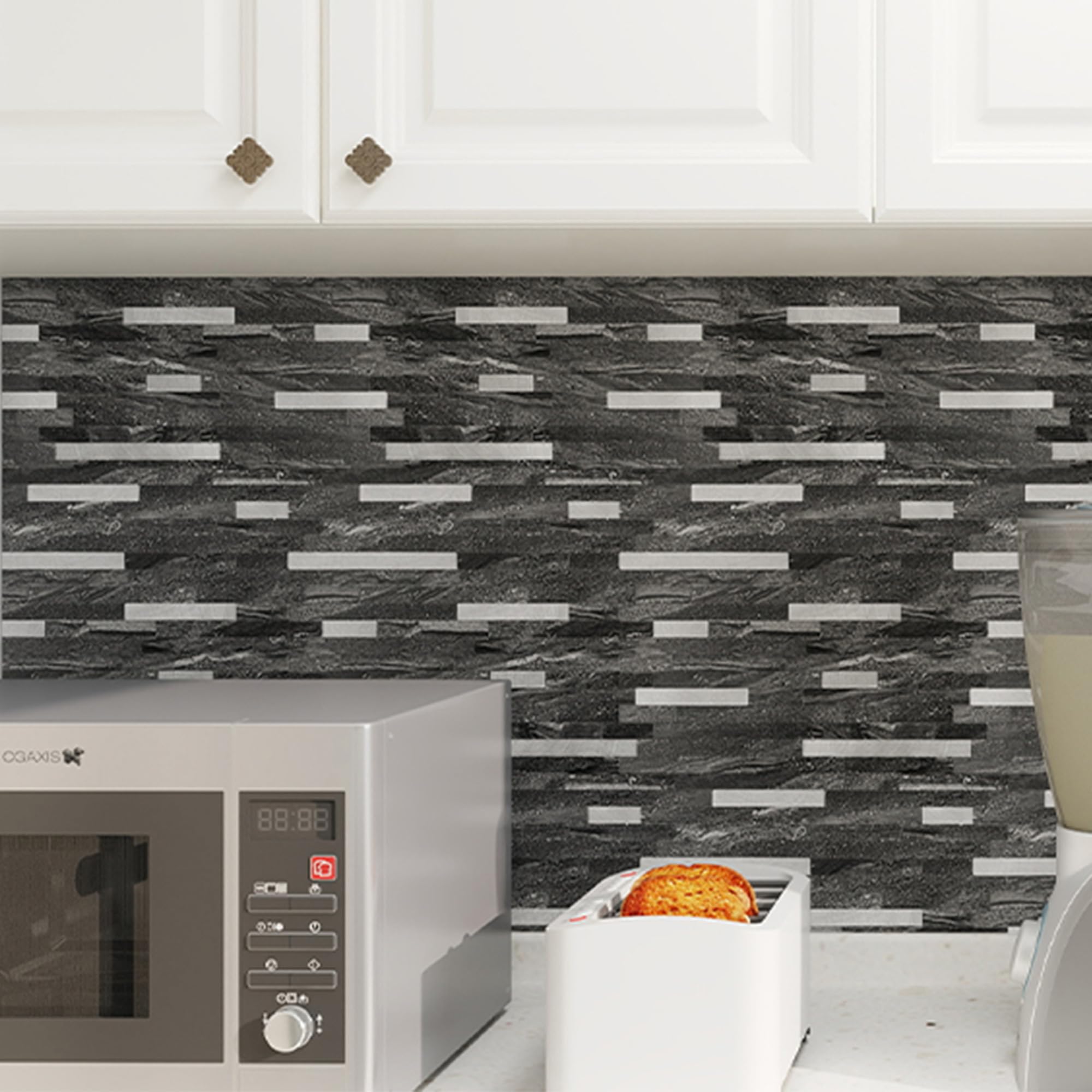 Kasaro 10-Sheet Peel And Stick Backsplash Tiles For Kitchen, Marble Black With Vintage Silver Embellished Stripes, Self-Adhesive