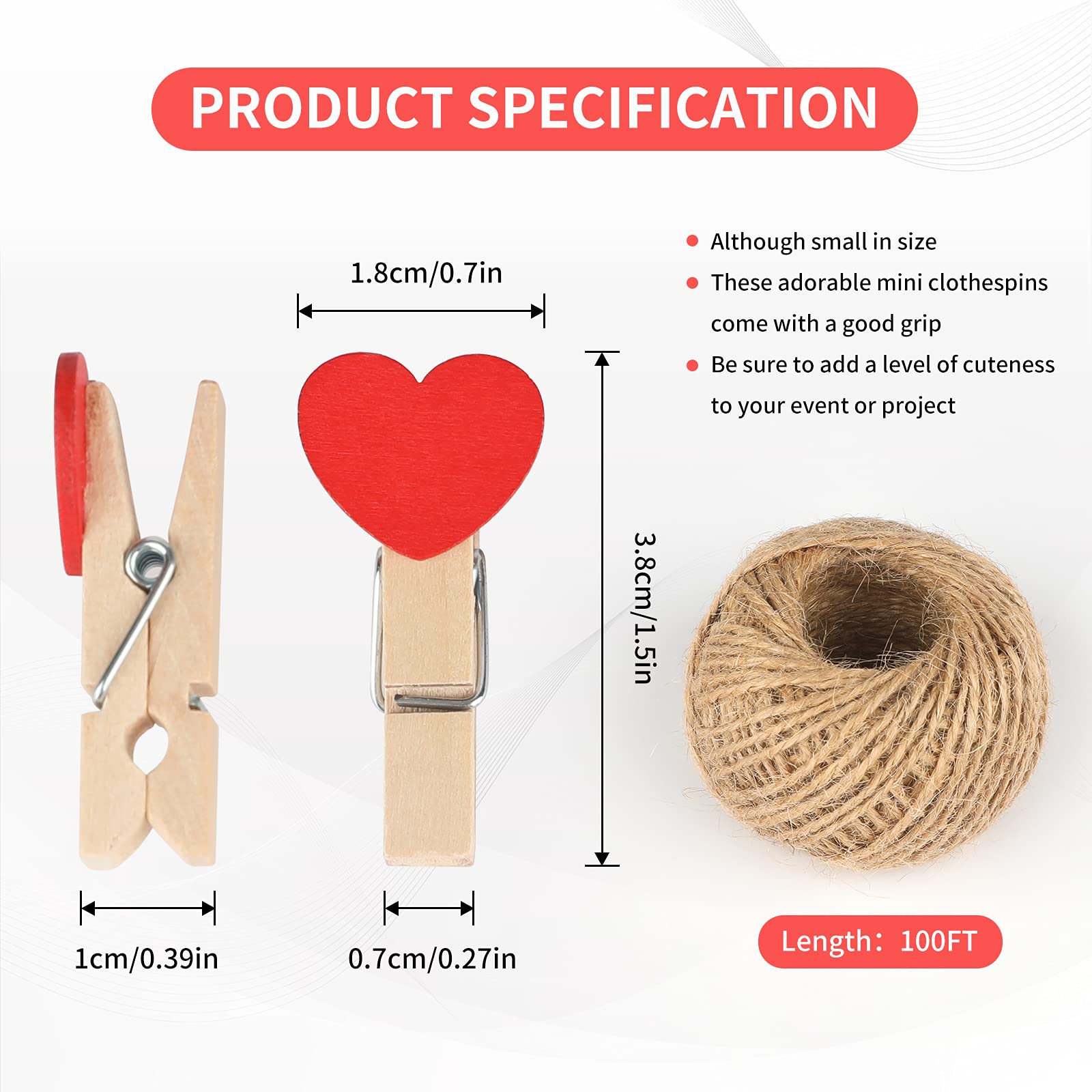 Jijacraft 100Pcs Clothespins With String, 1.4 Inch Heavy-Duty Wooden Clothes Pins With Color Heart, Mini Photo Clips For Hanging