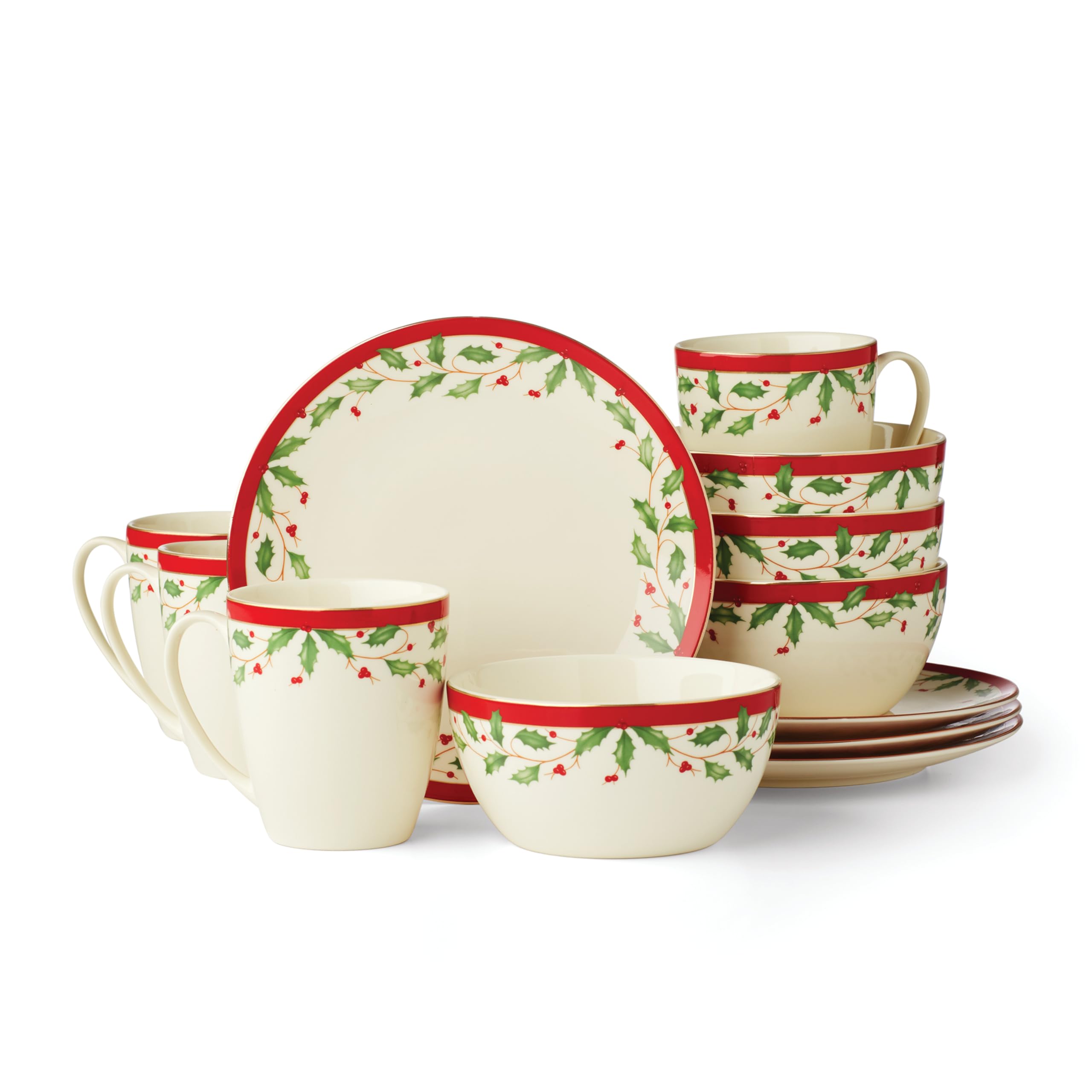 Lenox 894585 Holiday 12-Piece Dessert Set, Red & Green, 12 Count, Christmas Dinnerware, Hosting