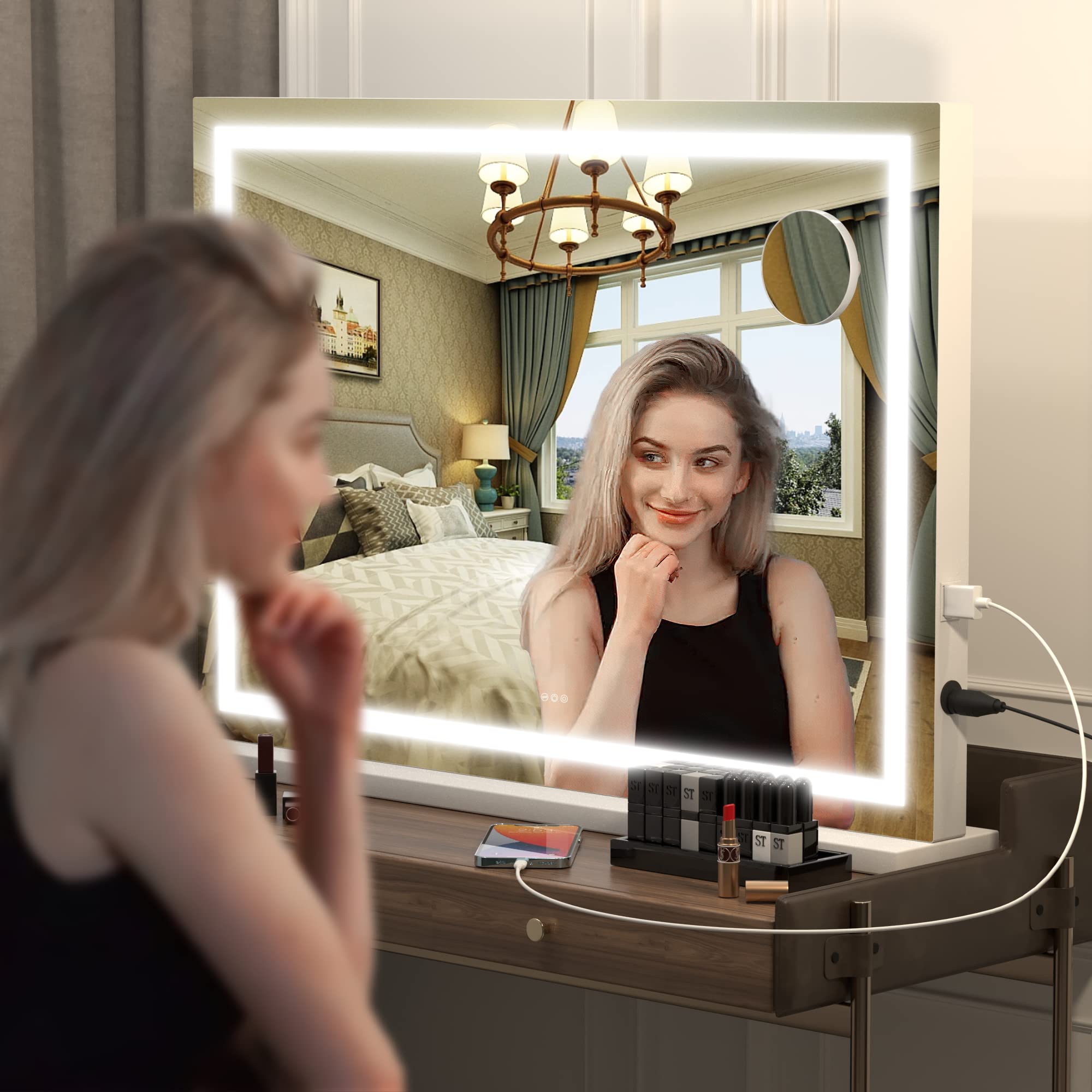 Hasipu Vanity Mirror With Lights, 28'' X 20'' Led Makeup Mirror, Lighted Makeup Mirror With Dimmable 3 Modes, Touch Screen Contr