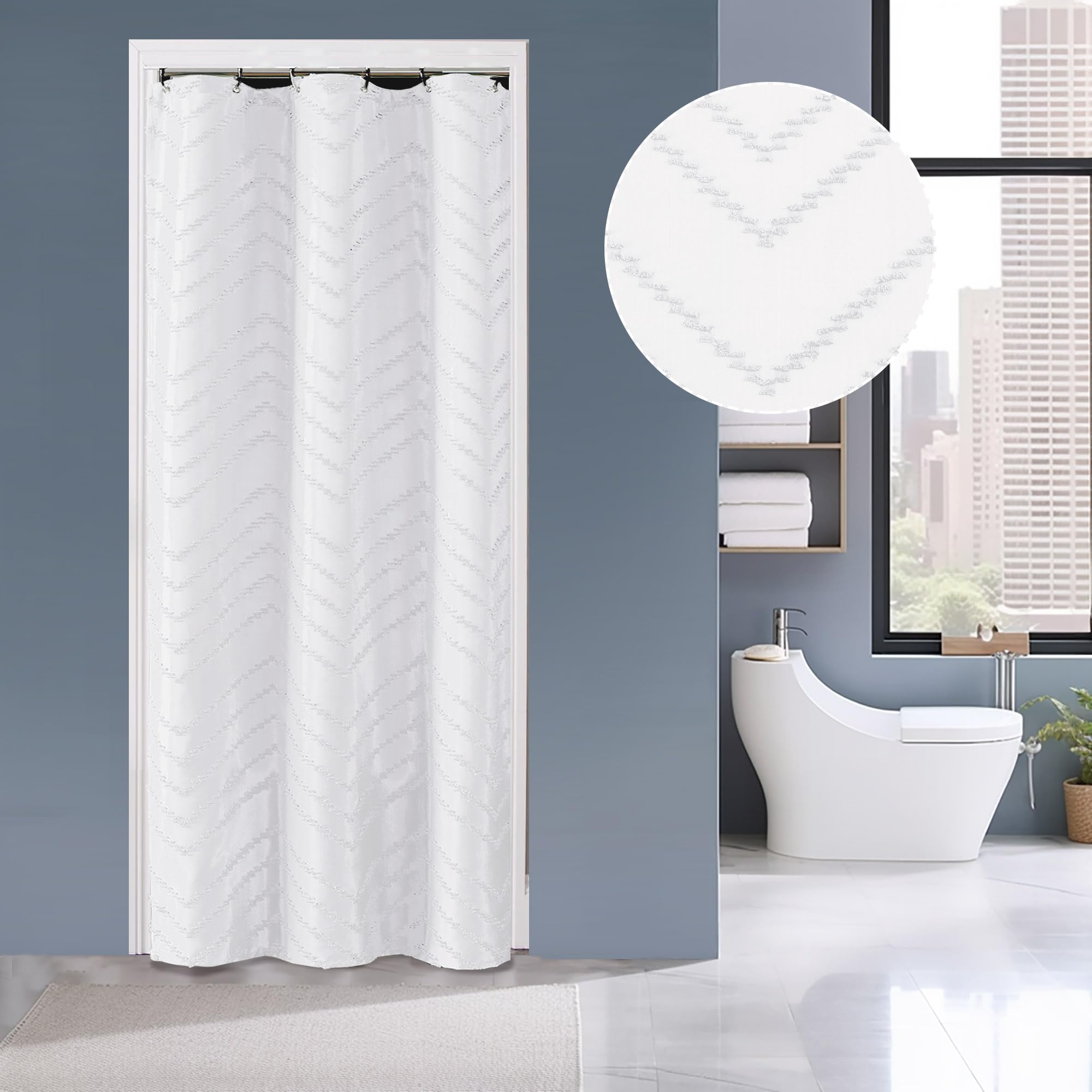 Chyhomenyc Chevron Small Stall White Boho Shower Curtain 36X72 Inches, Fabric Shower Curtain Modern Chic Textured Tufted Chevron