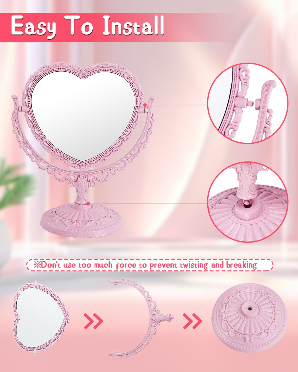 D&X 7-Inch Lovely Heart Mirror 360 Degree Rotation Double Sided Magnifying Makeup Mirror I Bathroom Bedroom Vanity Mirror I Danish Pastel Aesthetic Room Dcor(Pink  Heart-Shaped)