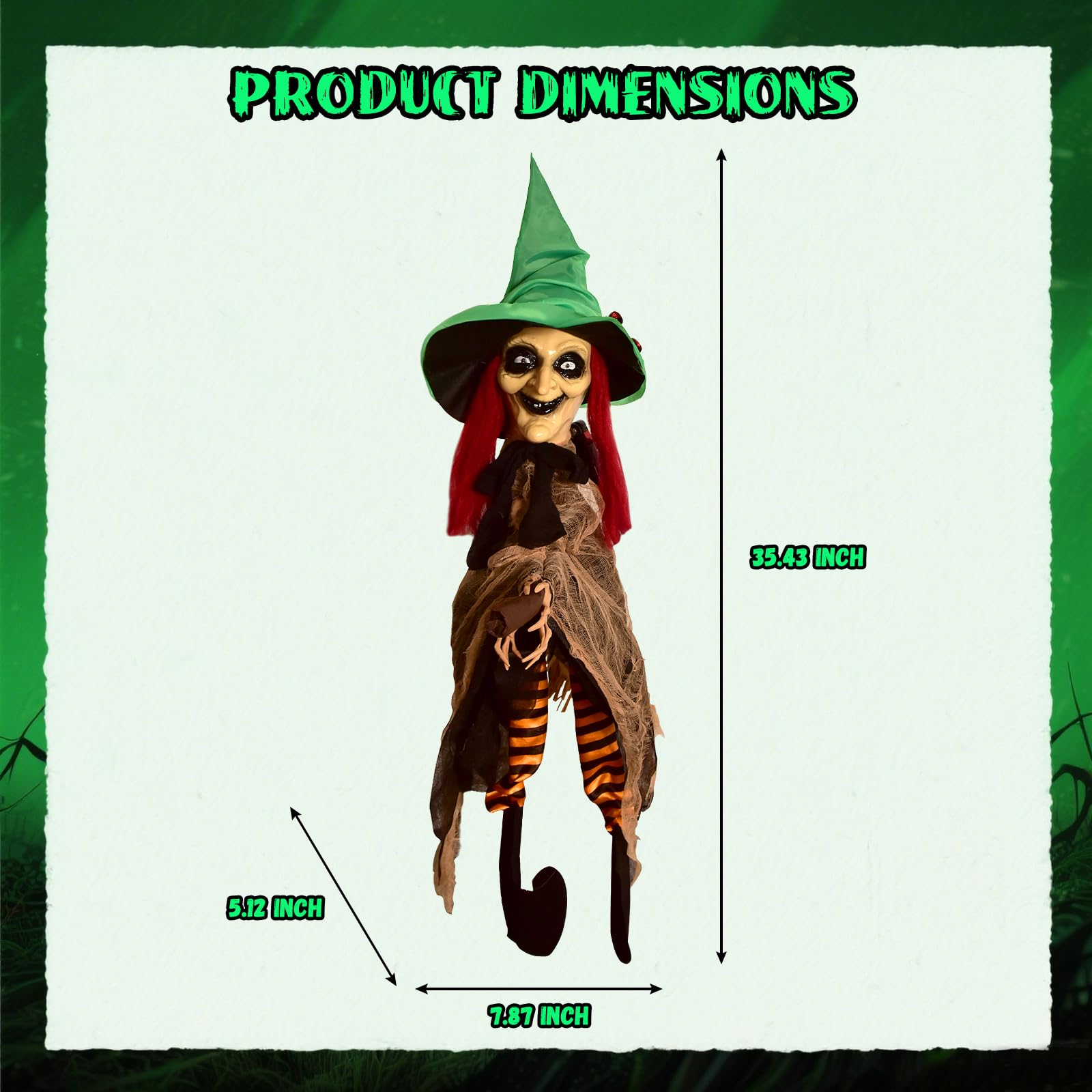 Halloween LED Light-Up Flying Witch on Broomstick, Realistic Sound & Motion, Scary Hanging Animated Decoration with Kicking Legs