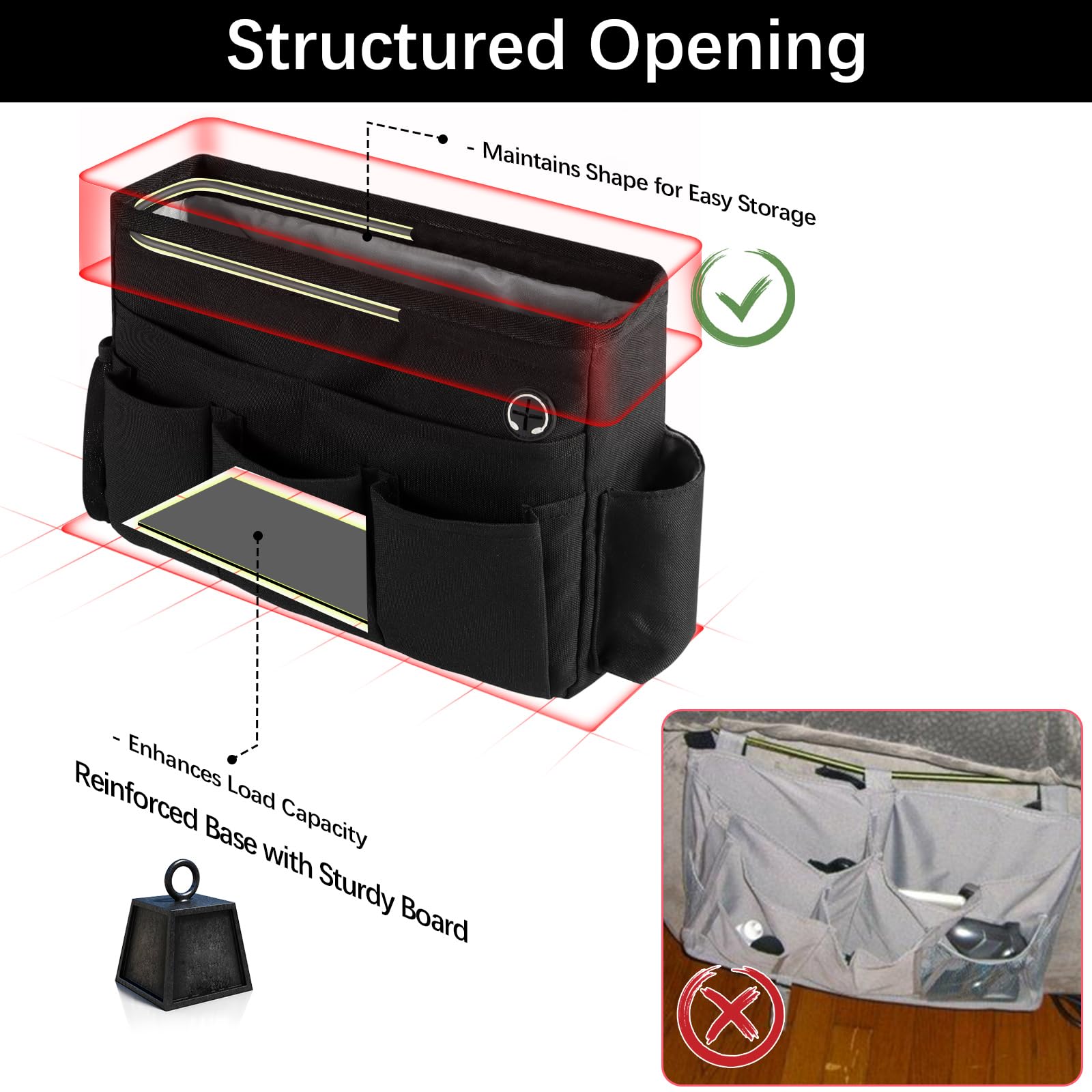 WOMACO Bedside Caddy, Dorm Bed Caddy with Adjustable Strap Buckles, Heavy Duty Multi Pockets Bunk Loft Bed Accessories Hanging O