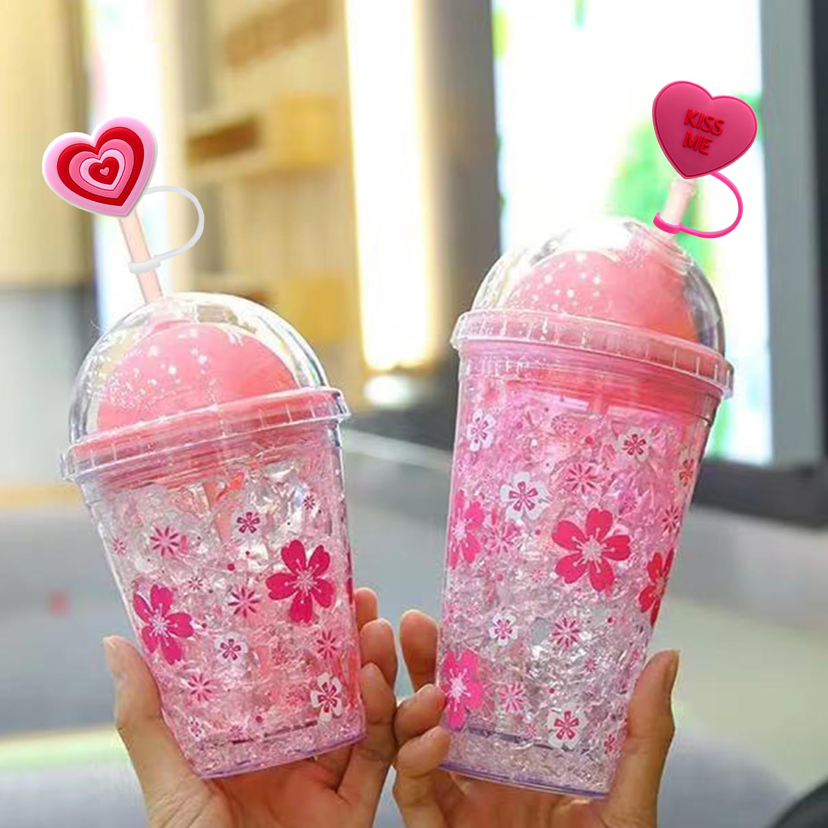 Zoranala 40oz 30oz Tumbler with Handle - Hot Pink Straw Toppers, Heart Covers, Silicone, Model 004-6