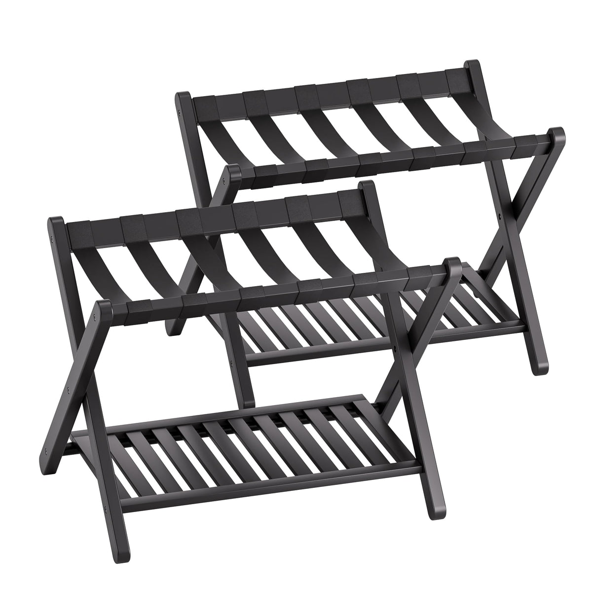 Smibuy Luggage Rack, Set Of 2, Foldable Bamboo Suitcase Stand With Storage Shelf For Guest Room, Bedroom, Hotel, Heavy-Duty (Bla