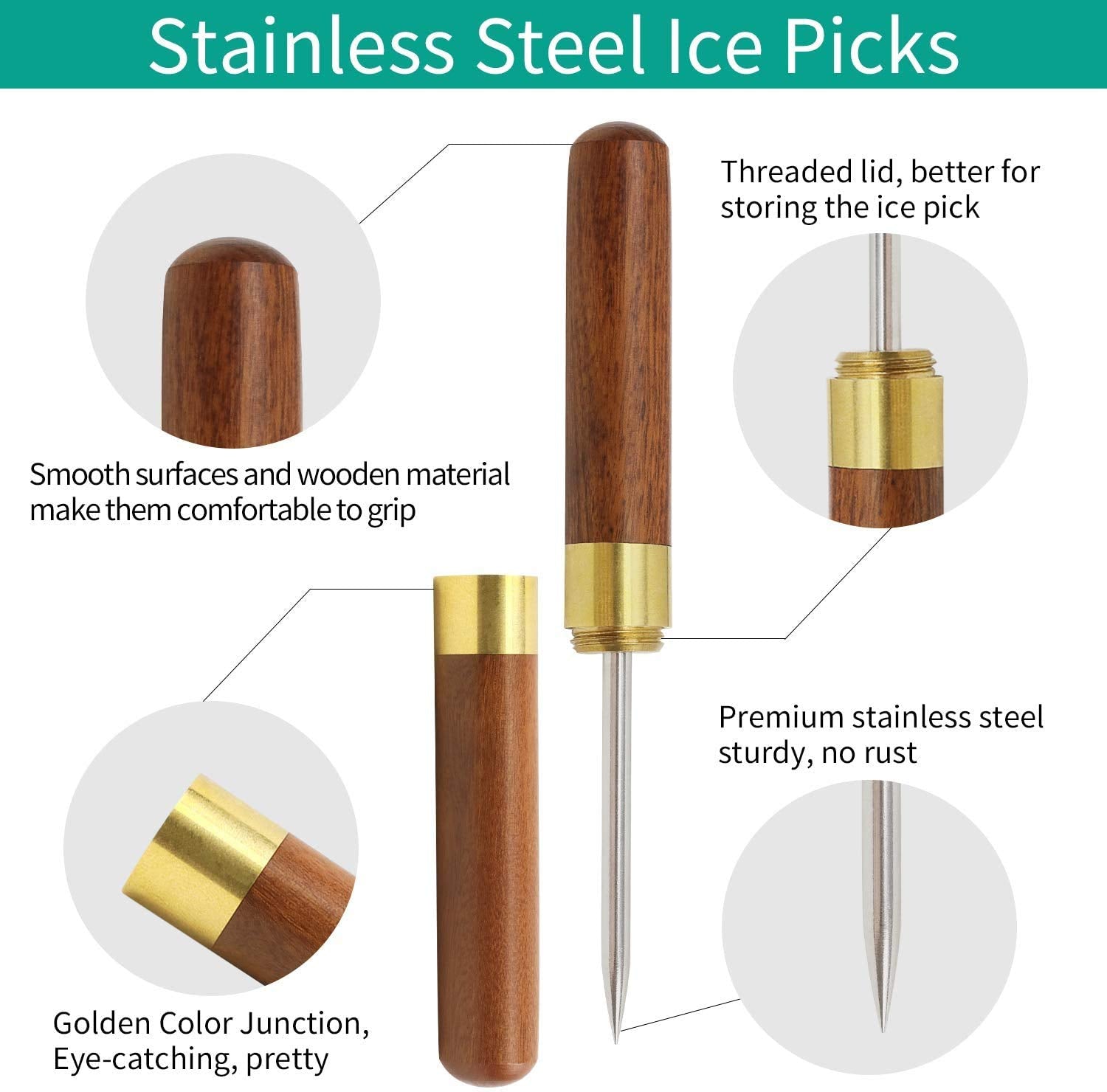 Hovico 2Pcs 6.2 Inch Ice Picks With Cover For Kitchen, Bars, Bartender,Picnics, Camping, And Restaurant, Stainless Steel Ice Pic