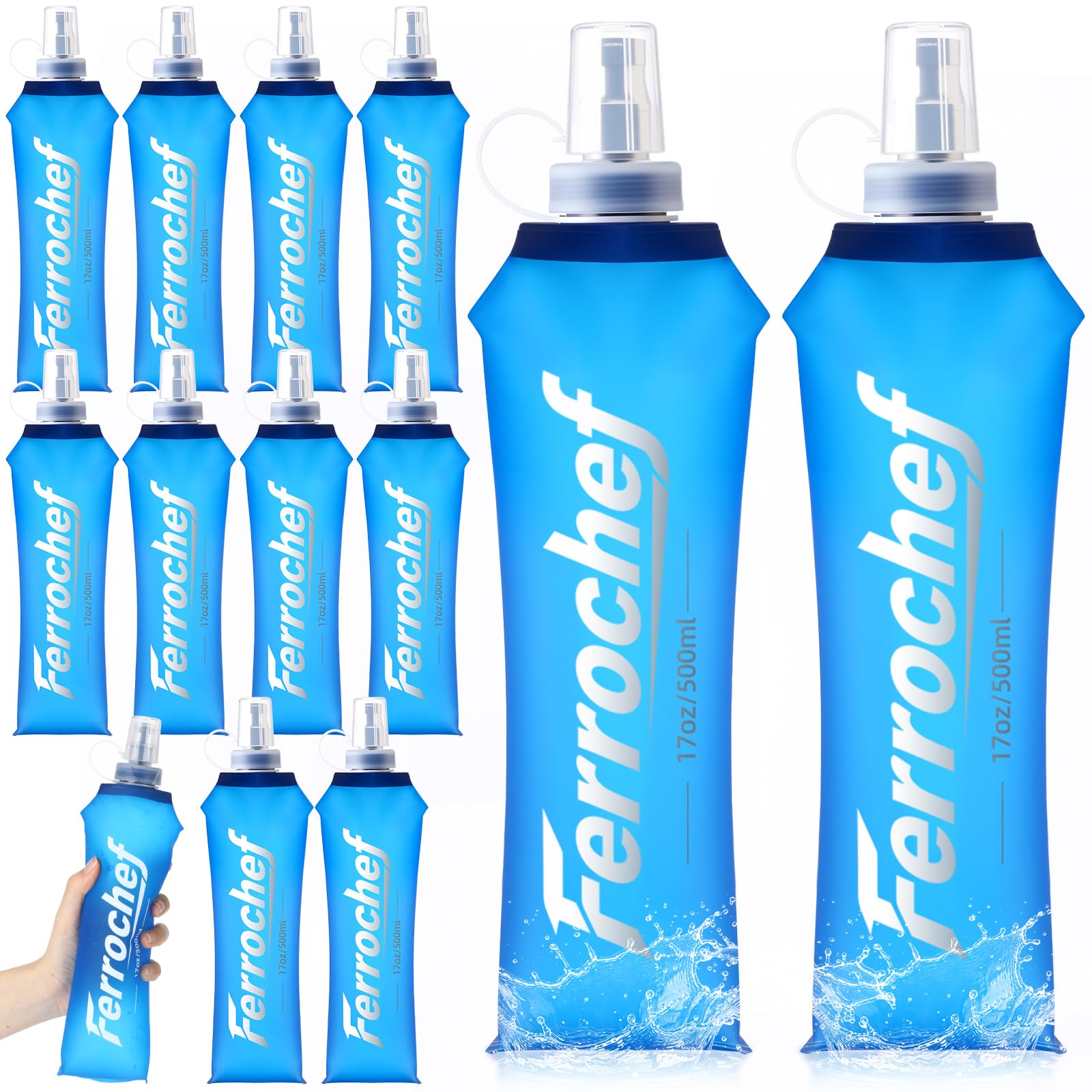 Ferrochef 12 Pcs Soft Flask 17oz/500ml TPU Collapsible Water Bottle Foldable Hydration Flask for Running Hiking Cycling Climbing