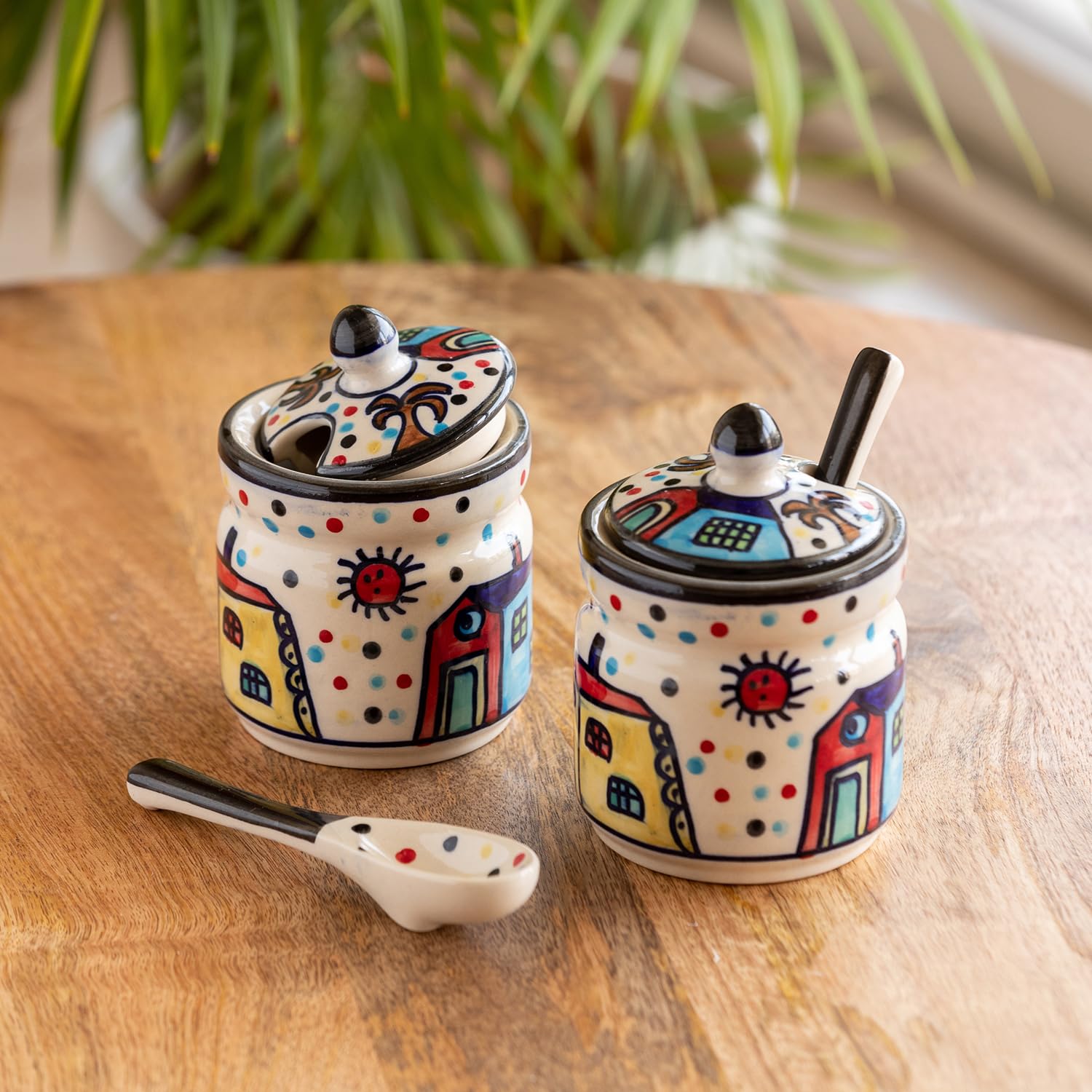 ExclusiveLane Hut Handpainted Ceramic Pickle Jars for Dining Table with Spoon & Lid |Pickle Jar for Storage Kitchen Containers S