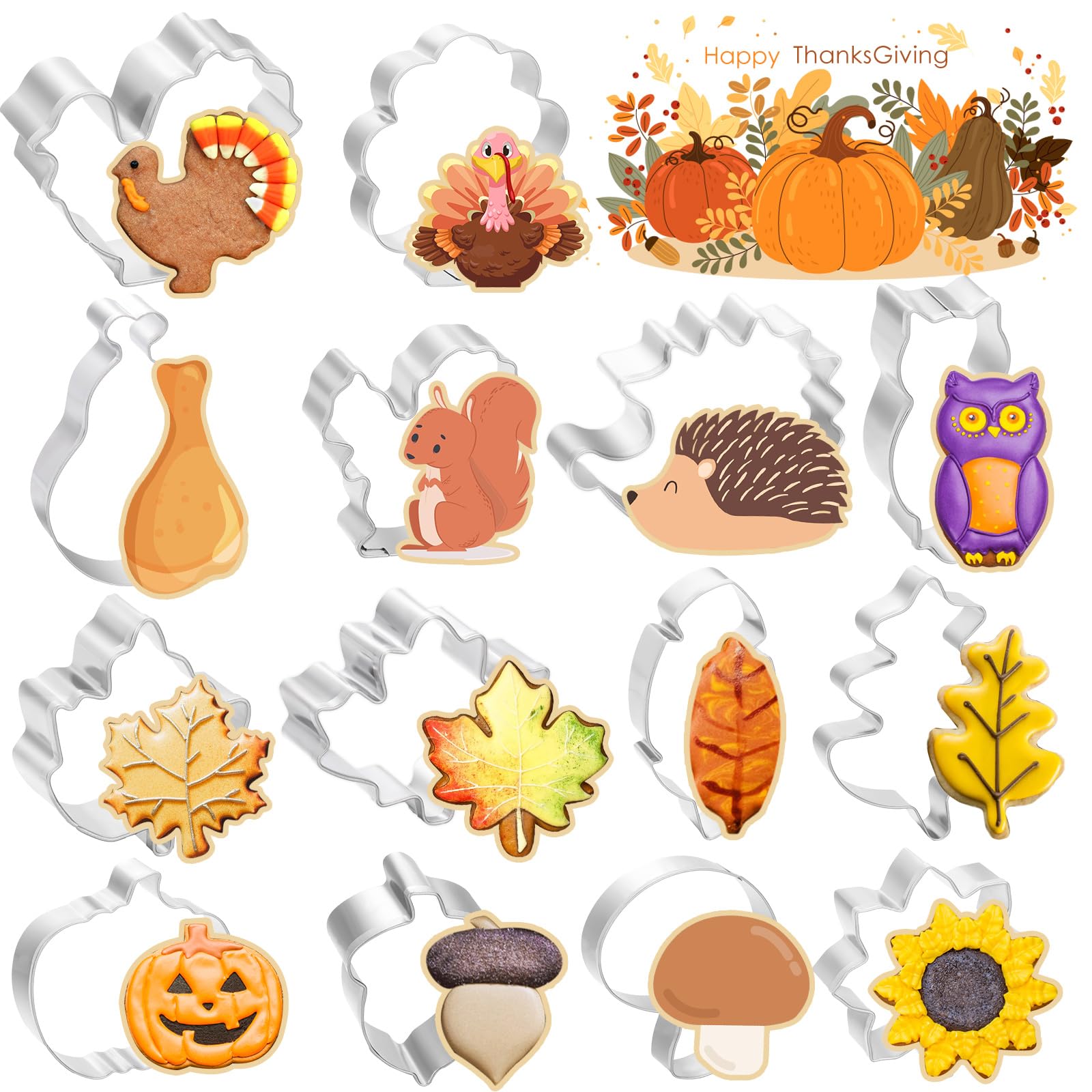 Mapvolut 14Pcs Thanksgiving Cookie Cutters, Food-Grade Stainless Steel Biscuit Cutters With Turkey Pumpkin Acorn Maple-Leaf, Eas
