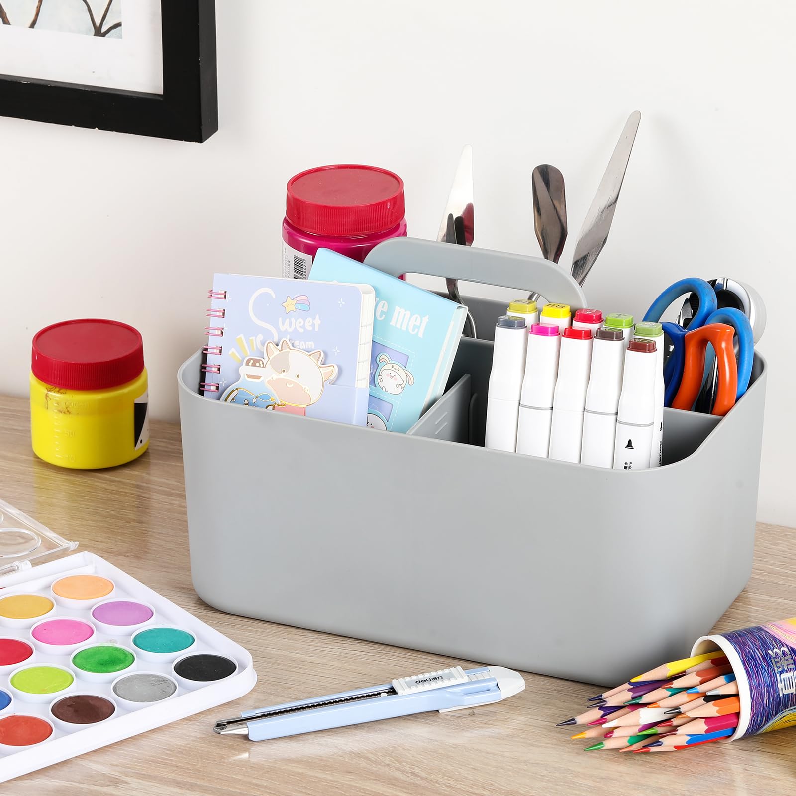 Multiuse Caddy Organizer With Handle - Stackable Plastic Bin Basket - Divided Storage Tote Holder For Art Craft Supplies, Makeup