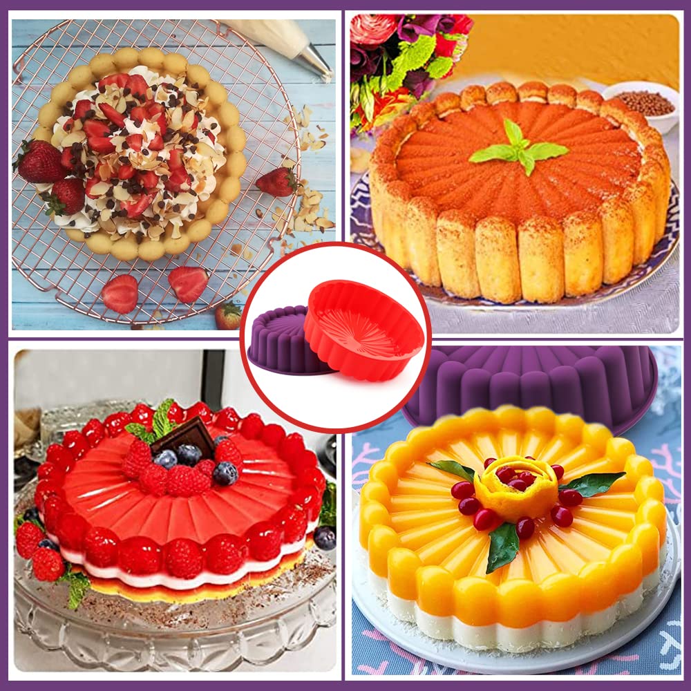 Ailehopy 8 Inch Silicone Charlotte Cake Pan -Set Of 2- Round Baking Molds For Cheese Cake,Chocolate Cake, Rainbow Cakes, Strawbe