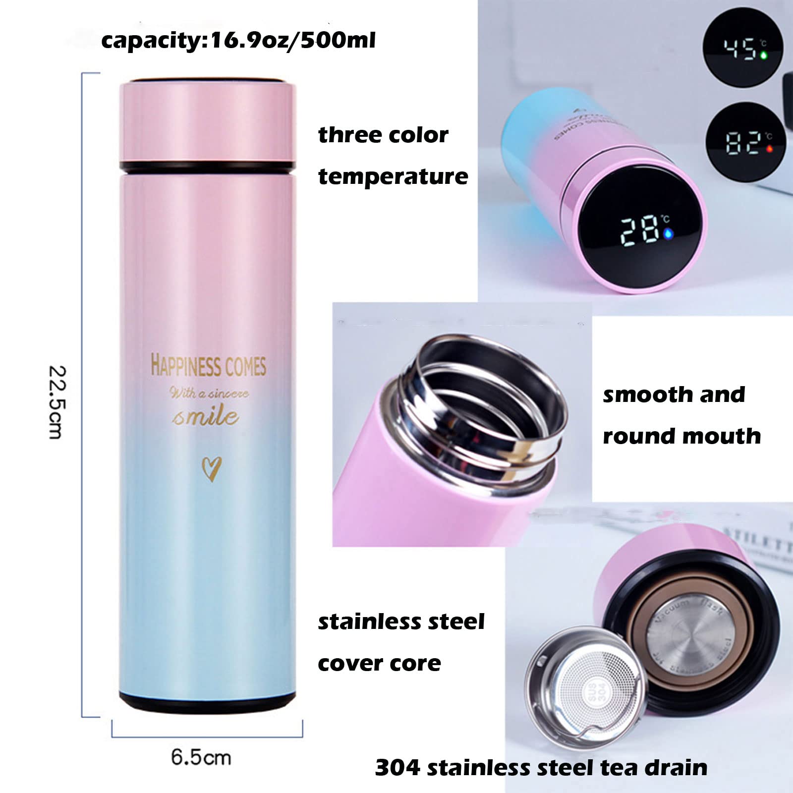 Smart Water Bottle Insulated Water Bottle Coffee Bottle Travel Coffee Mug Flasks For Hot And And Cold Drinks 16.9 Oz/500Ml (Grad
