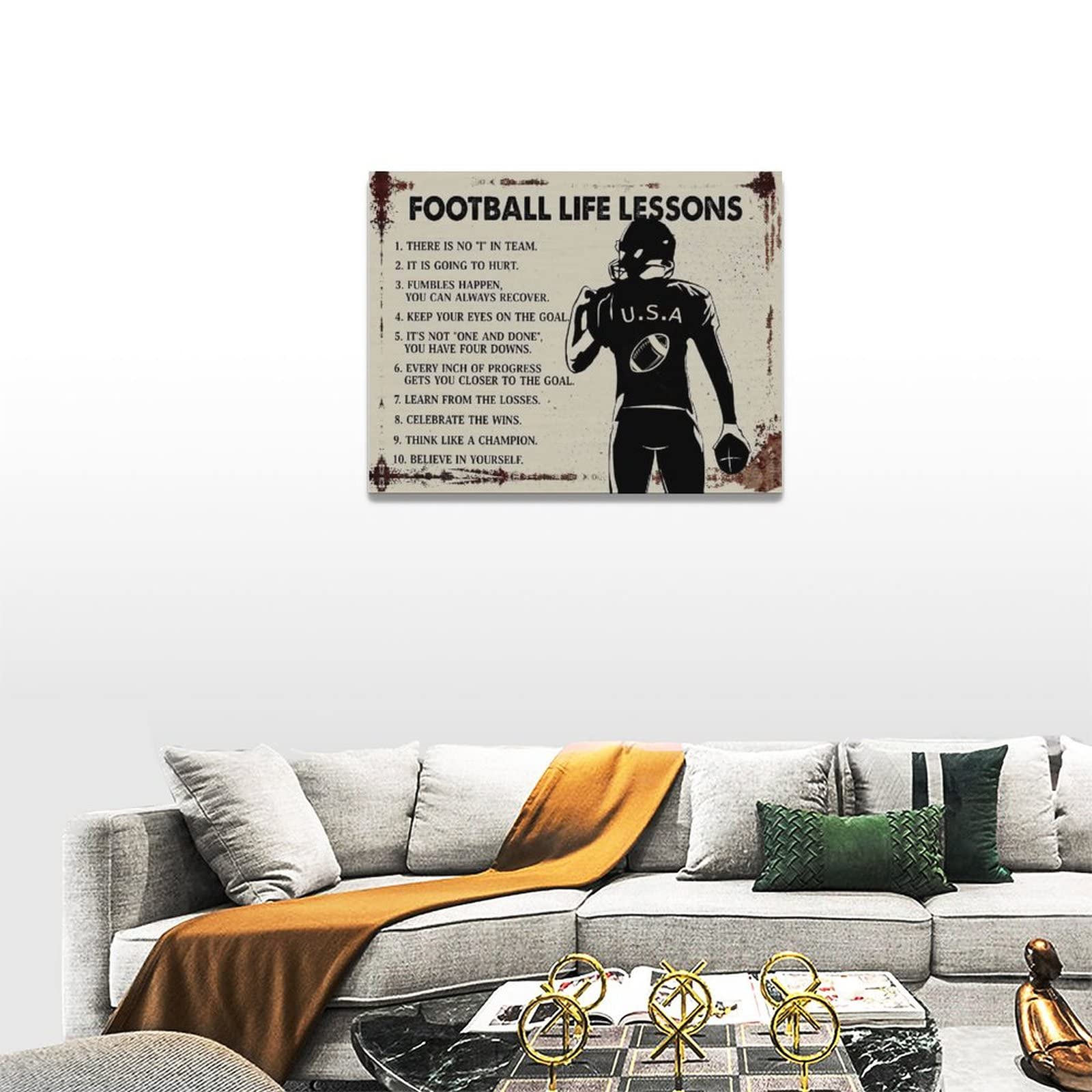 Eiffecho Football Wall Art Decor - Inspirational Quotes Canvas Print, 16"x12", Wood, Football Life Lessons