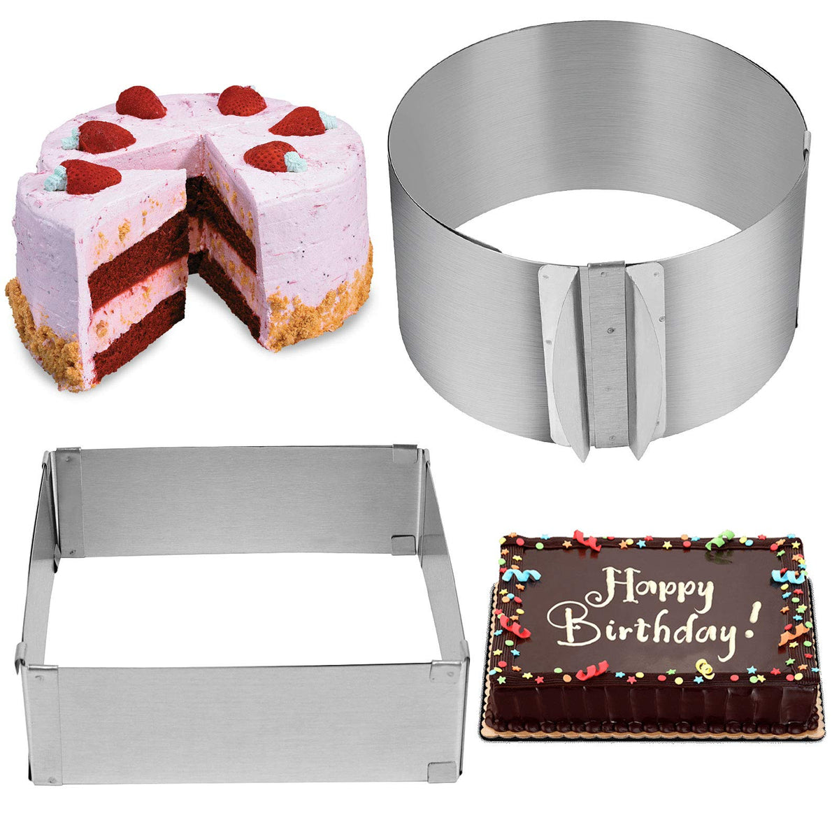 Zeonhei 2 Pcs 6-12 Inch Cake Mold Ring, Adjustable Cake Mould, Stainless Steel Cake Mousse Ring Circle And Square Mold Diy Pastr