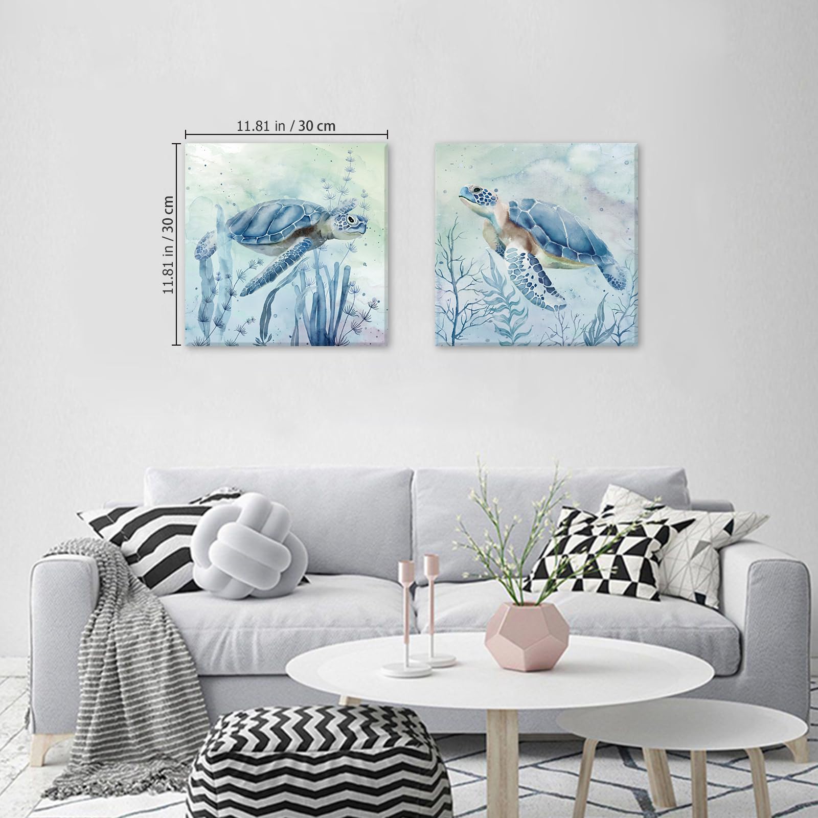 Zessonic Sea Turtle Wall-Art For Bathroom Decor - 2 Panel Set Of 12 X 12 Inch Teal Sea Turtle With Seagrass Prints