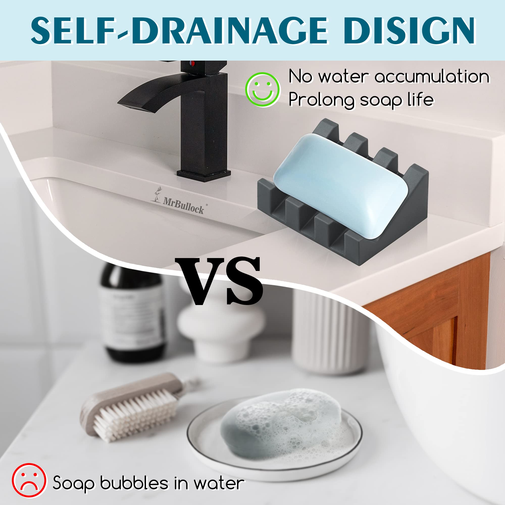 MrBullock Silicone Soap Dish for Bar Soap Holder for Shower Bathroom Self Draining Waterfall Drying Tray Keep Soap Bars Dry Clean & Easy Cleaning (Grey  2) Btbfami soap Dishes