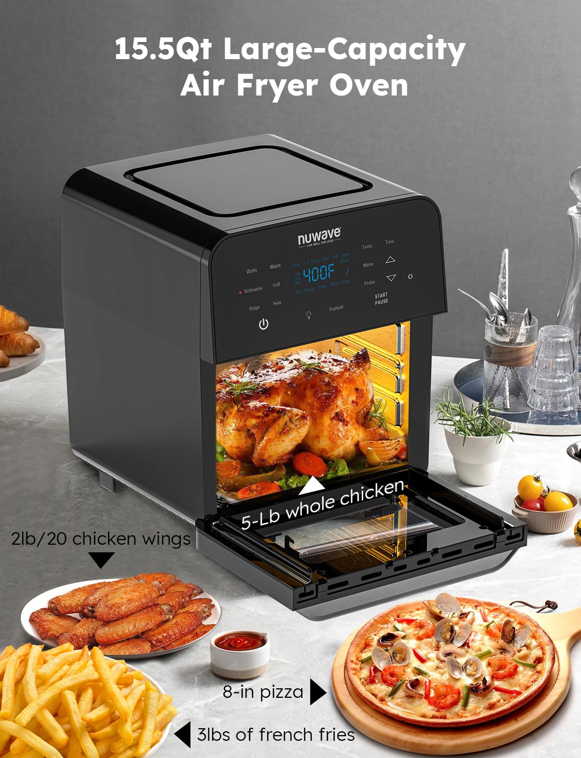 Nuwave Brio 15.5Qt Air Fryer Rotisserie Oven  X-Large Family Size  Powerful 1800W  4 Rack Positions  50-425F Temp Controls  100 Presets & 50 Memory  Integrated Smart Thermometer  Linear T Technology