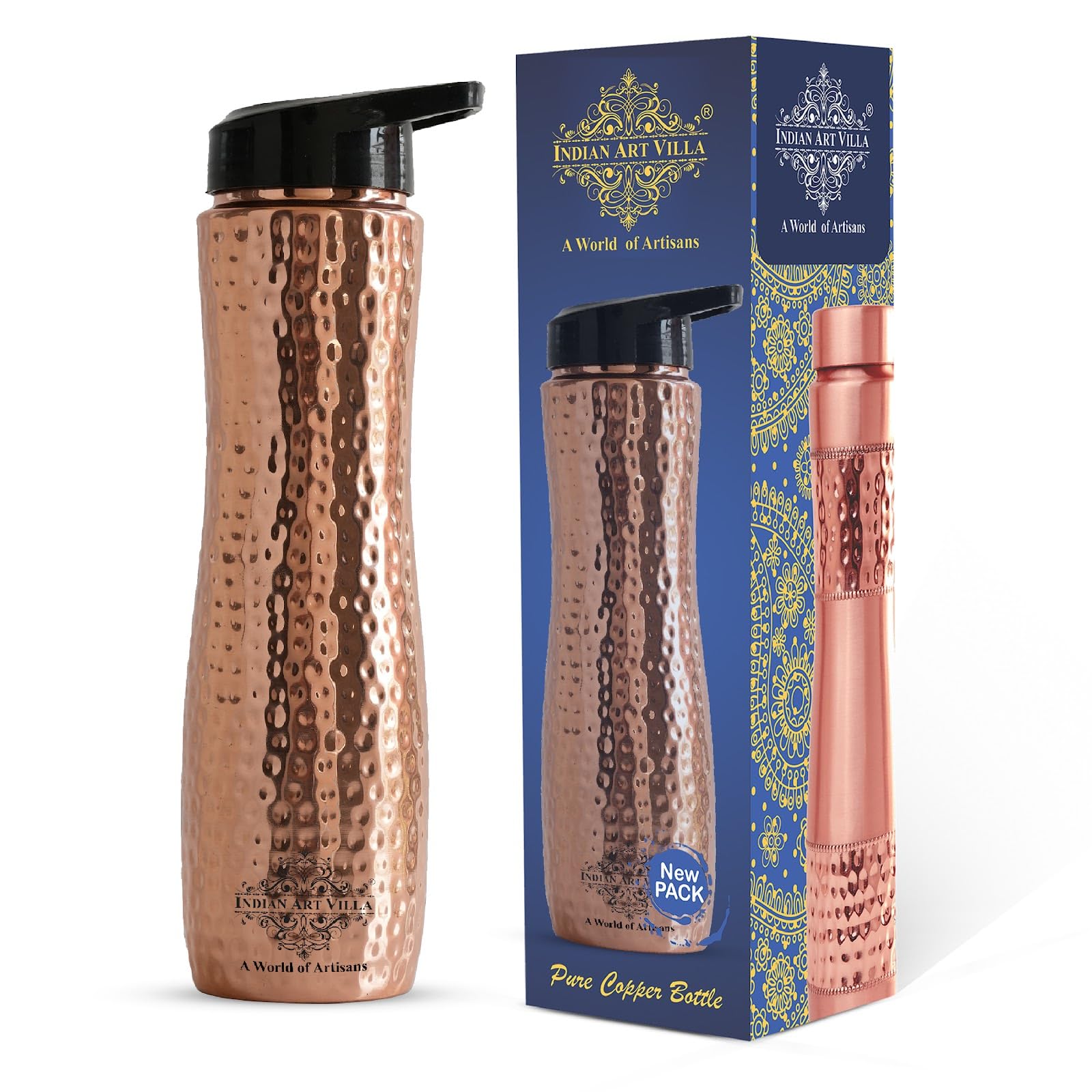 Indian Art Villa Copper Water Bottle With Sipper - 1 Litre, Hammered Design, Leakproof, Anti Oxidant Properties, Sipper Bottle F