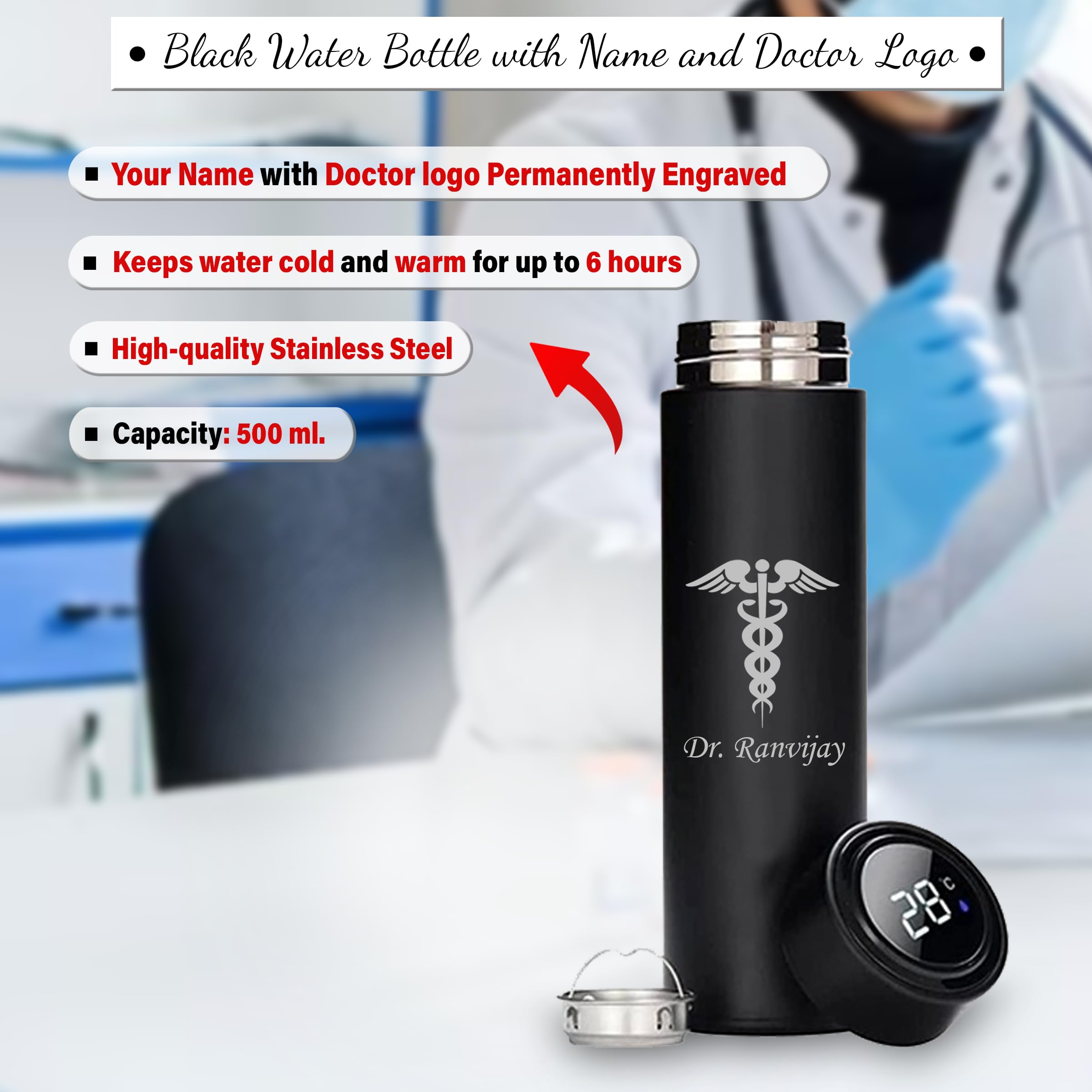 Savri Personalized DoctorS Drinkware Combo:Temp Black Bottle With Doctor Logo & Doc Theme Coffee Mug-Customized With Your Name.