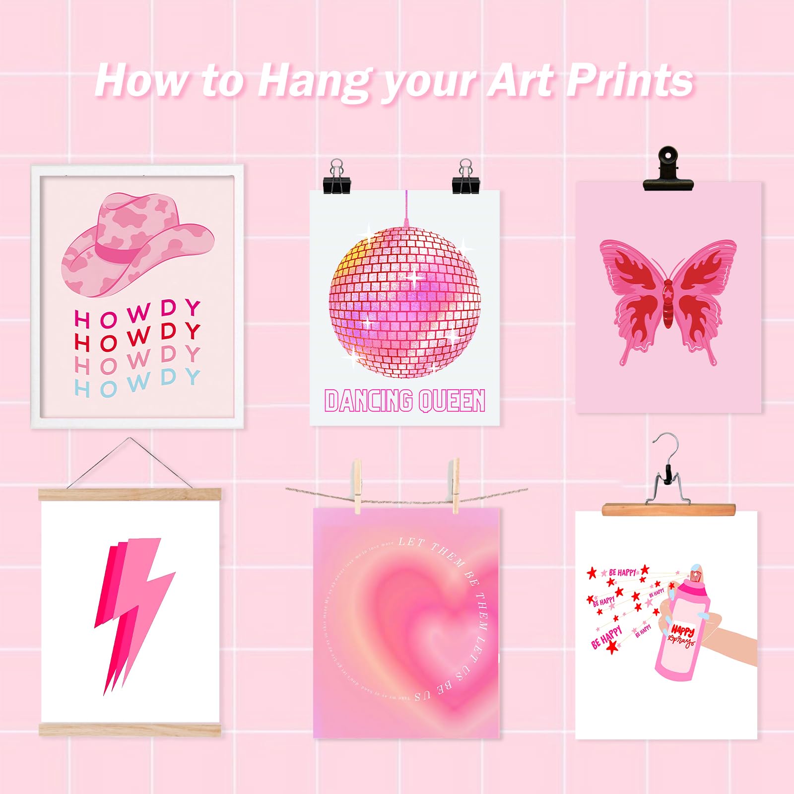 Gensteuo 9Pcs Pink Preppy Room Decor Aesthetic, Hot Pink Wall Art, Preppy Posters Paintings, Cute Pictures For Bedroom Dorm, Pre