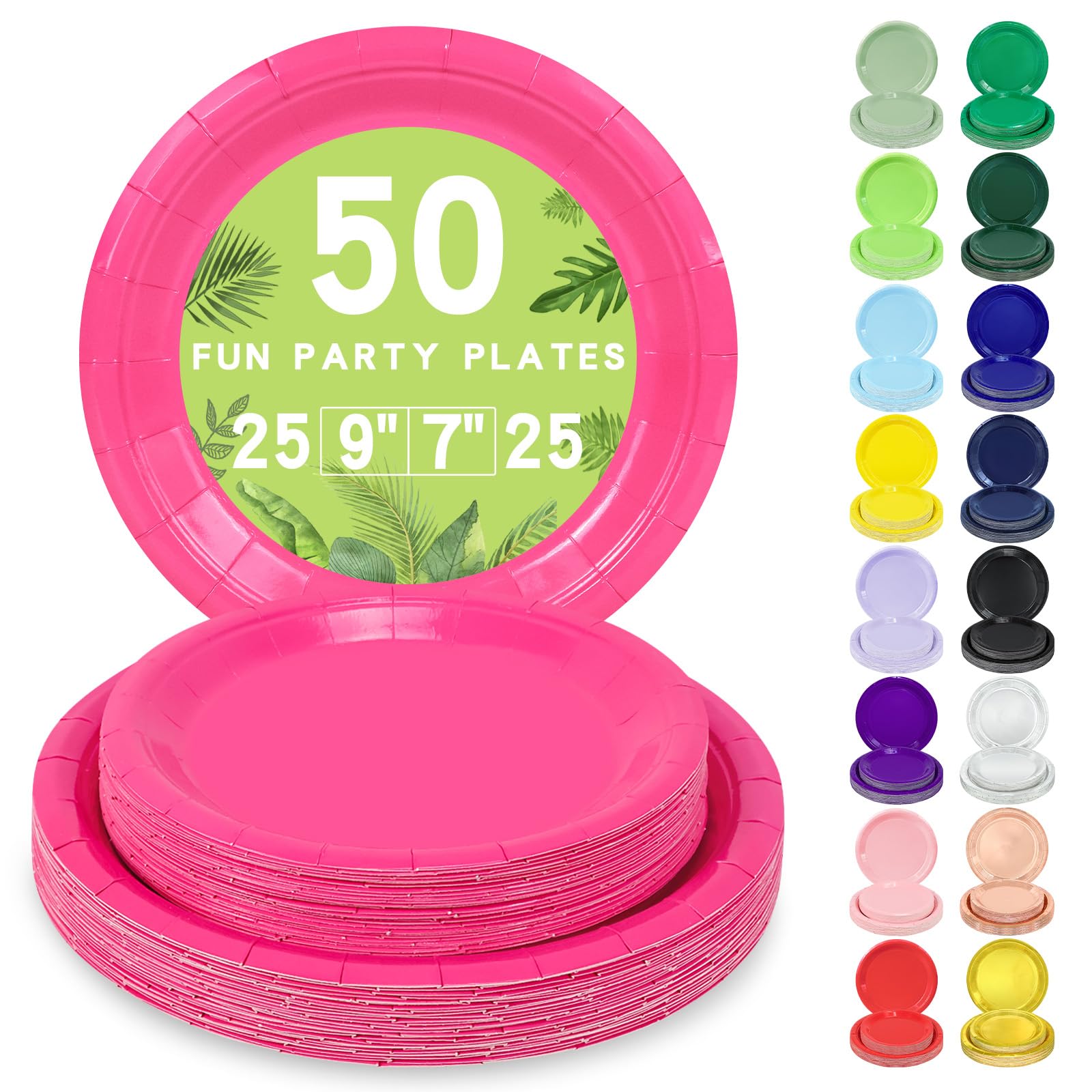 LANLISA 50 Hot Pink Paper Plates Disposable Set Includes 25-9 & 25-7 Disposable Dessert Cake Paper Plates for Party Supplies