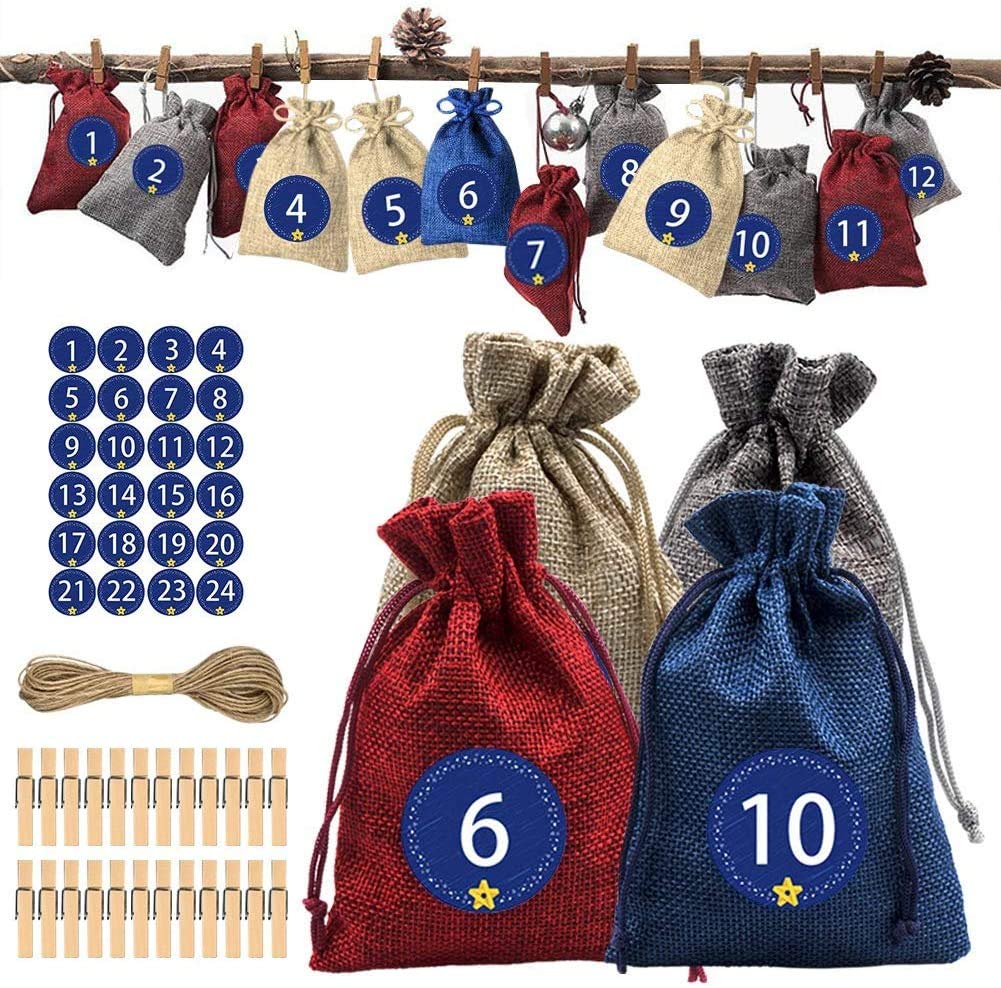 NABLUE Christmas Advent Calendar 2020,24 Days Countdown Calendar Christmas Advent Gift Bags with 24 Number Stickers DIY Xmas Cou