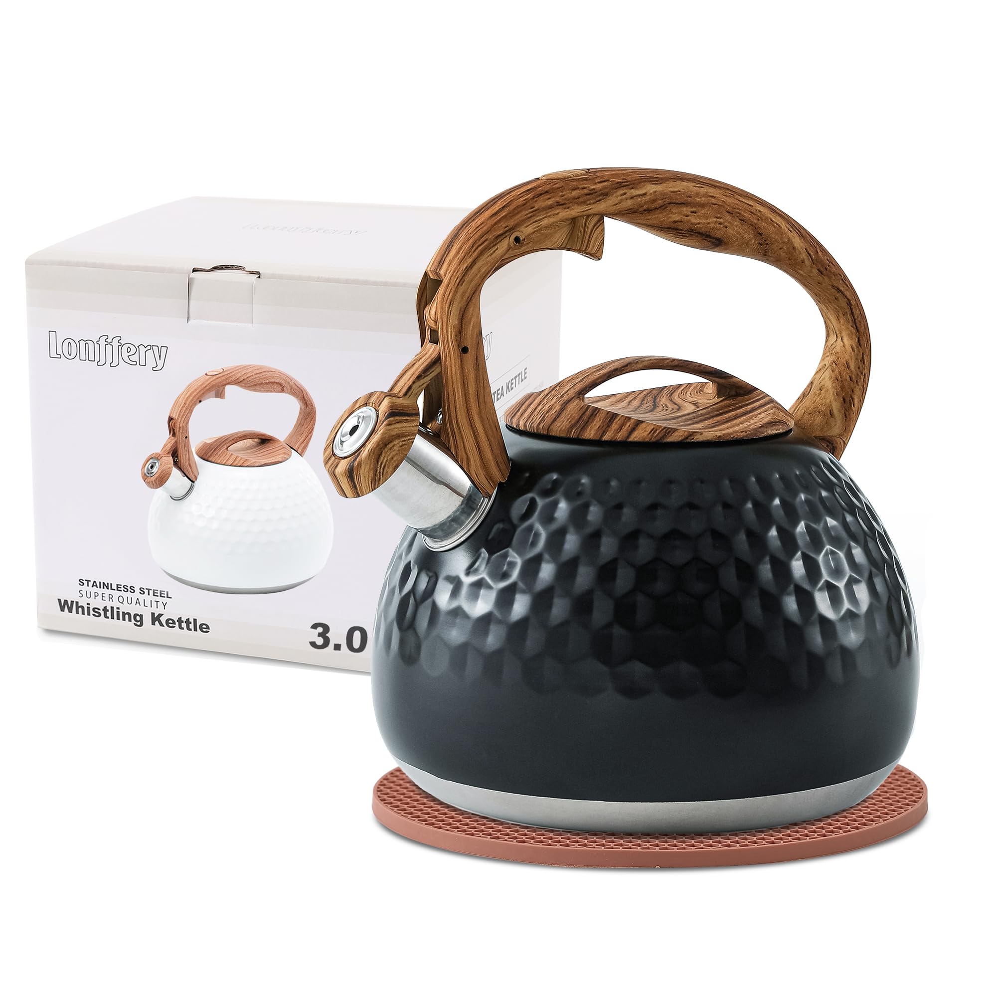 LONFFERY Tea Kettle for Stove Top, 3 Quart Whistling Tea Kettle, with Food Grade Stainless Steel and Wood Pattern Folding Handle