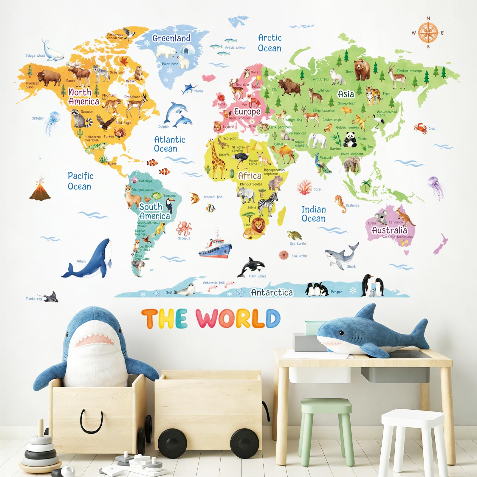 SHUCHING World Map Wall Decal Peel and Stick, Vinyl Animal Wall Sticker, Wall Decor for Nursery Kids Bedroom Playroom Classroom