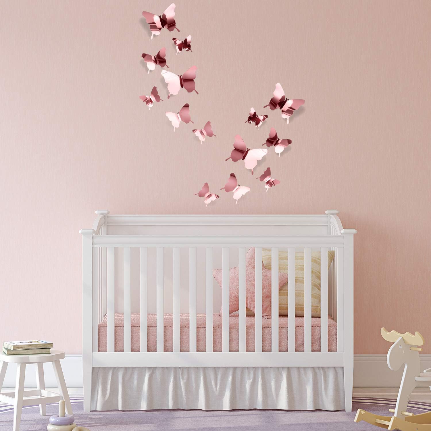 48 Pieces Butterfly Wall Decor Diy Mirror 3D Butterfly Stickers Removable Decals For Home Bedroom Bathroom Living Room Decor(Ros