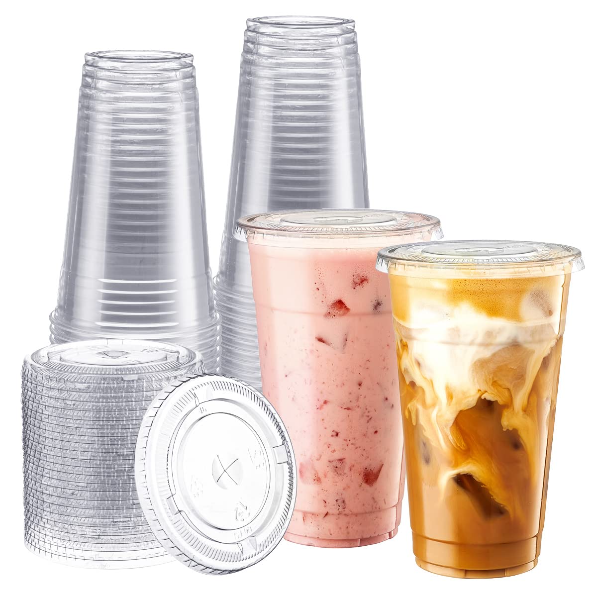 Zeml [100 Sets 24 Oz. Plastic Cups With Lids, Smoothie Cups, Milkshake Cups