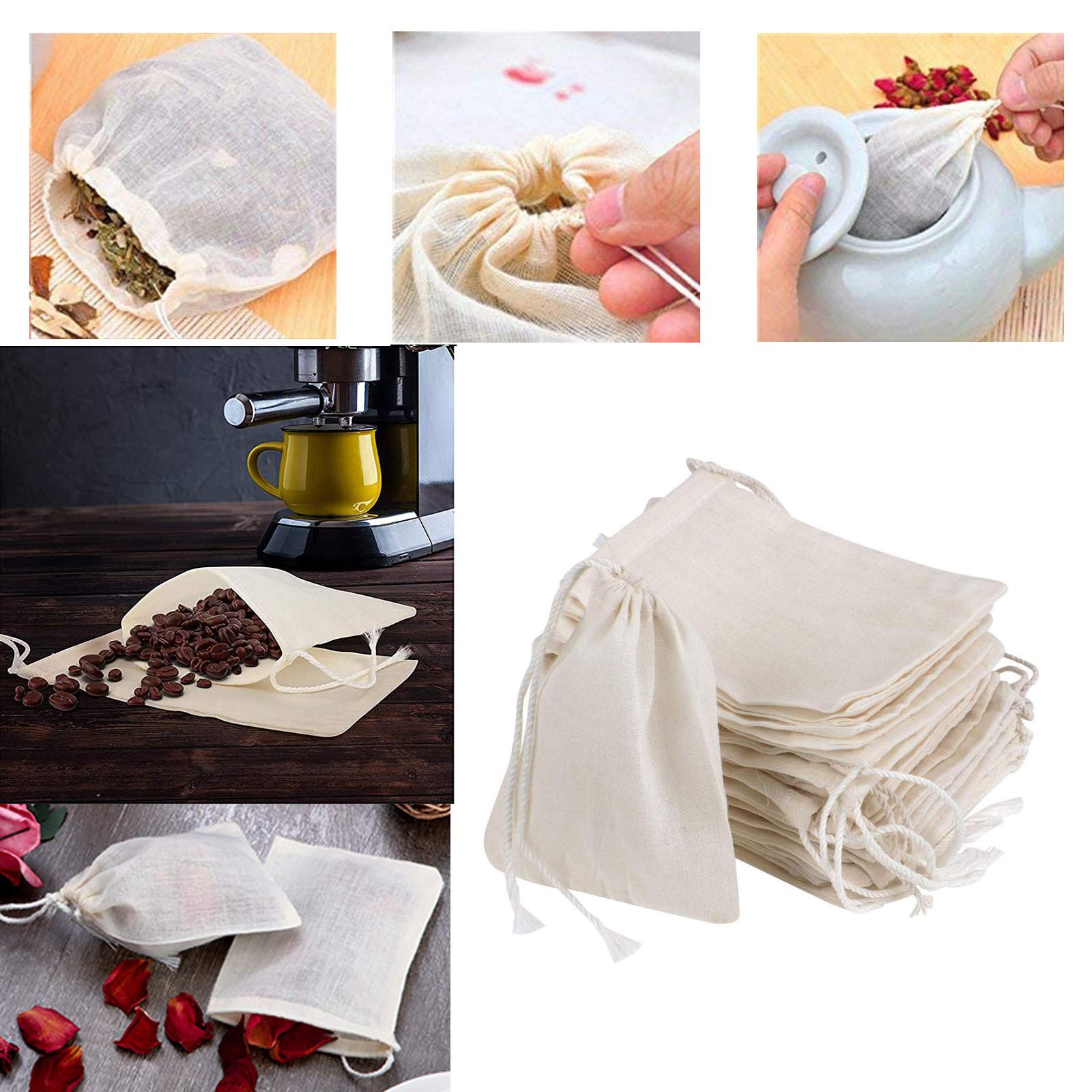 Iceyli 30 Pcs 4 X 3 Inches Natural Unbleached Cotton Drawstring Bags Spice/Herbs/Tea Bags,Muslin Bags Sachet Bag For Home Suppli