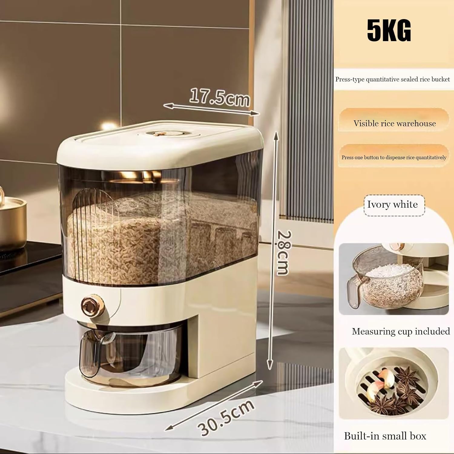 Peaoop 11Lbs Rice Dispenser, Large Grain Container Storage With Lid Measuring Cylinder Household Cereal Dispenser Bucket For Kit