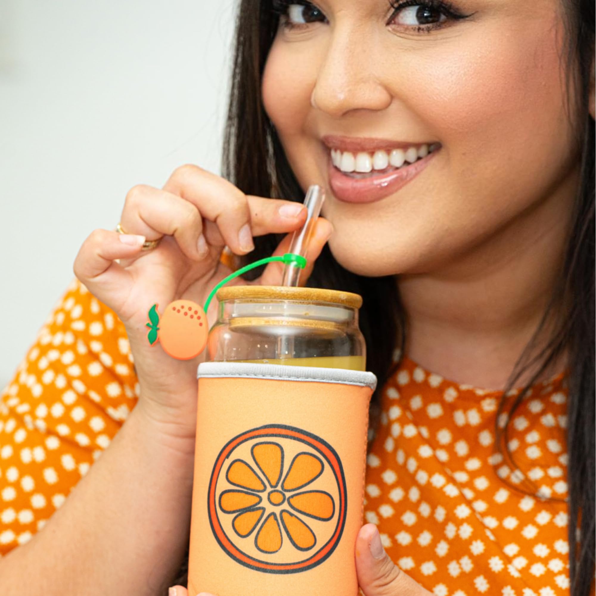 The Love Crate Co. Orange Gifts for Women - Glass Tumbler with Lid and Straw, Customized Straw Stopper and Cup Sleeve. Aesthetic