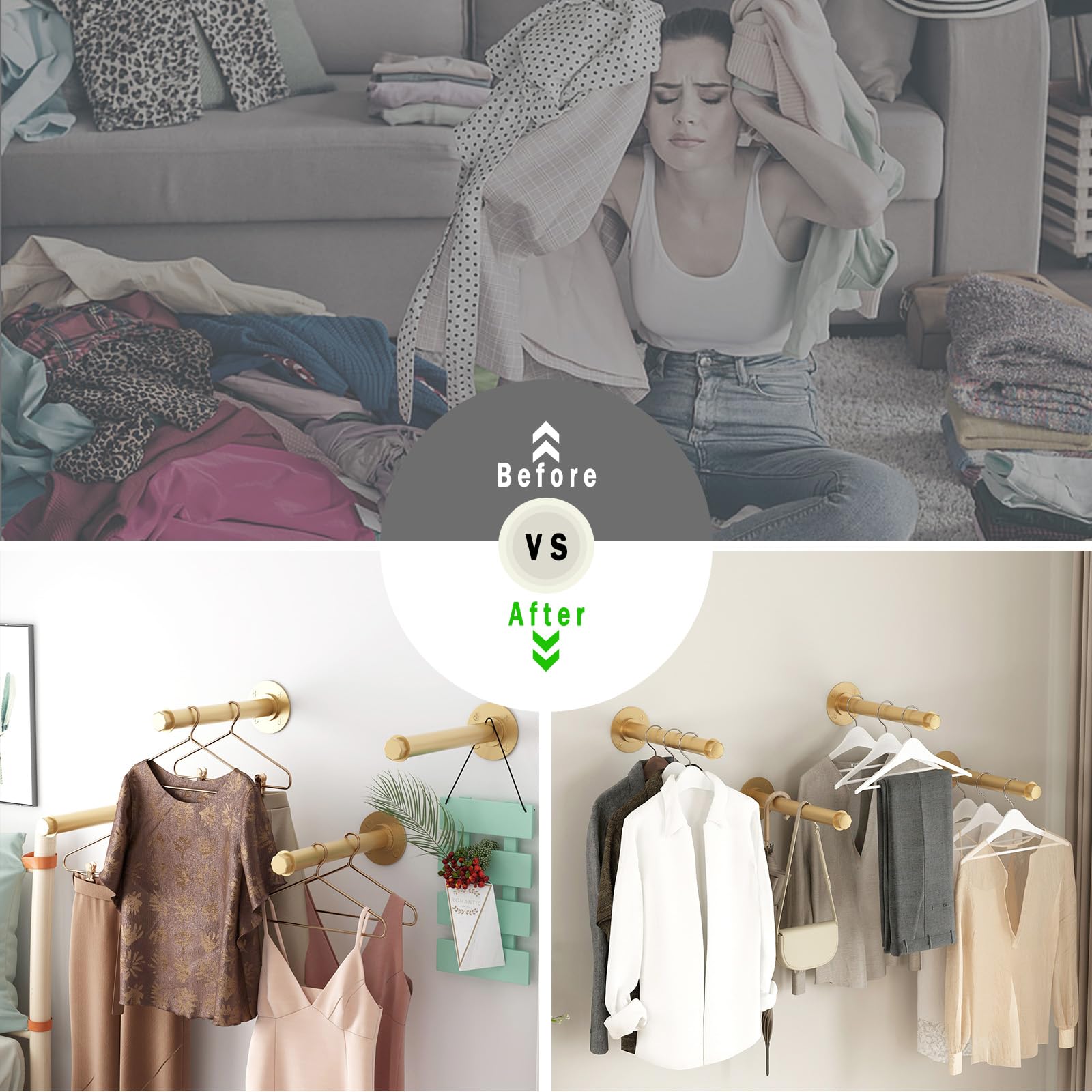 4 Pcs Industrial Pipe Clothes Bars 12 Inch, Industrial Pipe Clothing Racks, Gold Closet Rods For Hanging Clothes, Gold Clothing