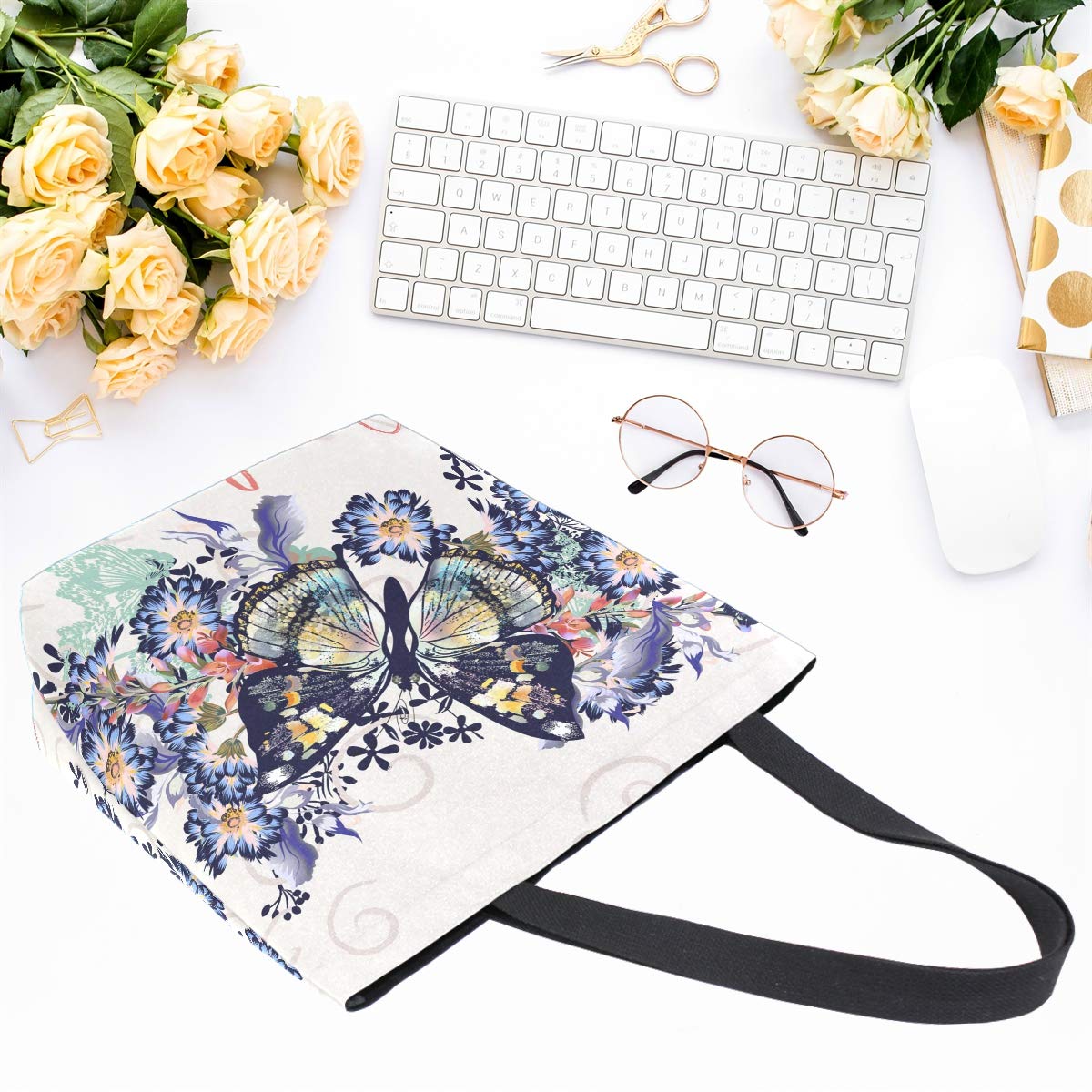 Naanle Floral Butterfly Canvas Tote Bag Large Women Casual Shoulder Bag Handbag, Floral Butterfly Reusable Multipurpose Heavy Du