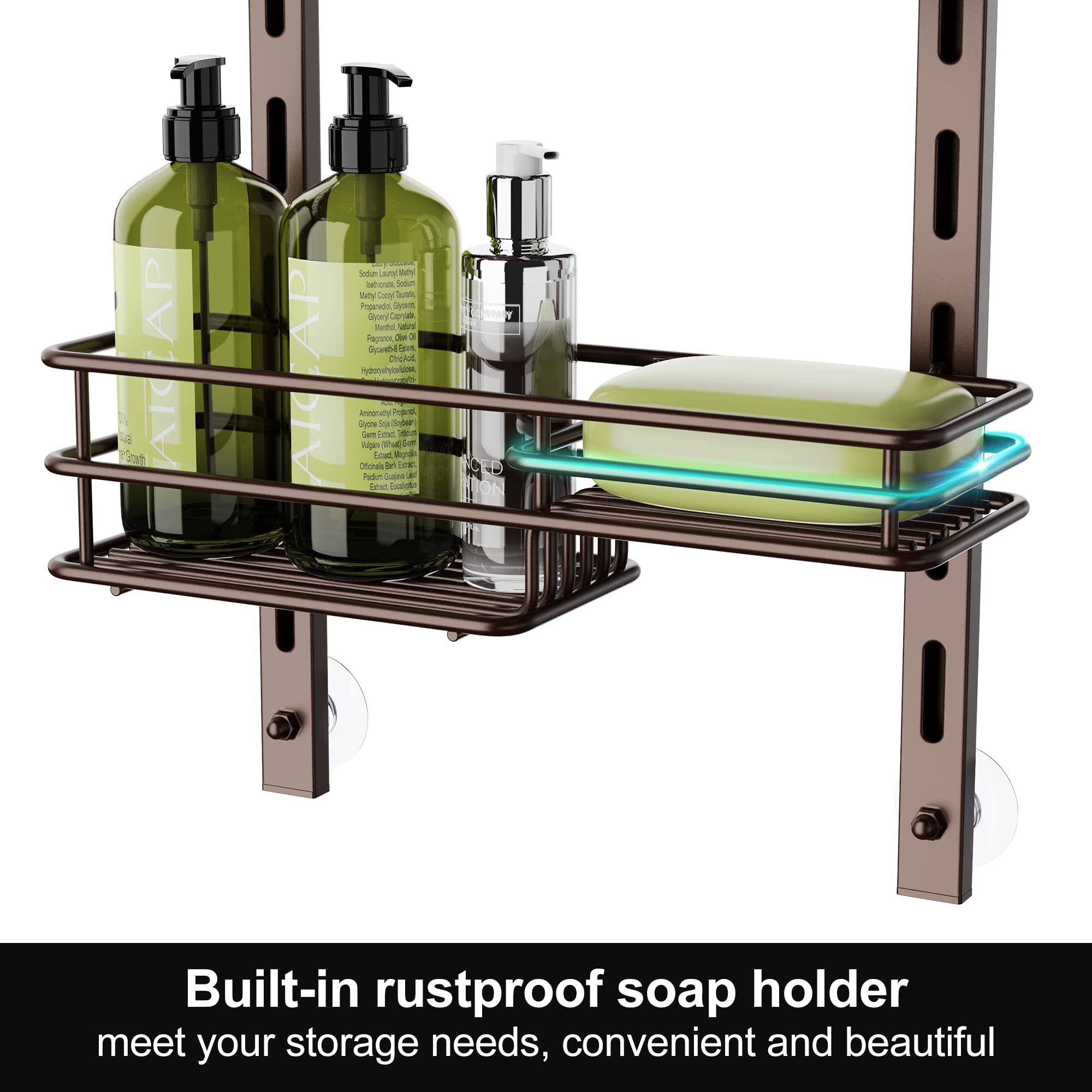 Orimade Over The Door Shower Caddy Adjustable 5 Tier Bronze,Bathroom Hanging Organizer Shelf Rustproof With 4 Hooks,Shower Baske