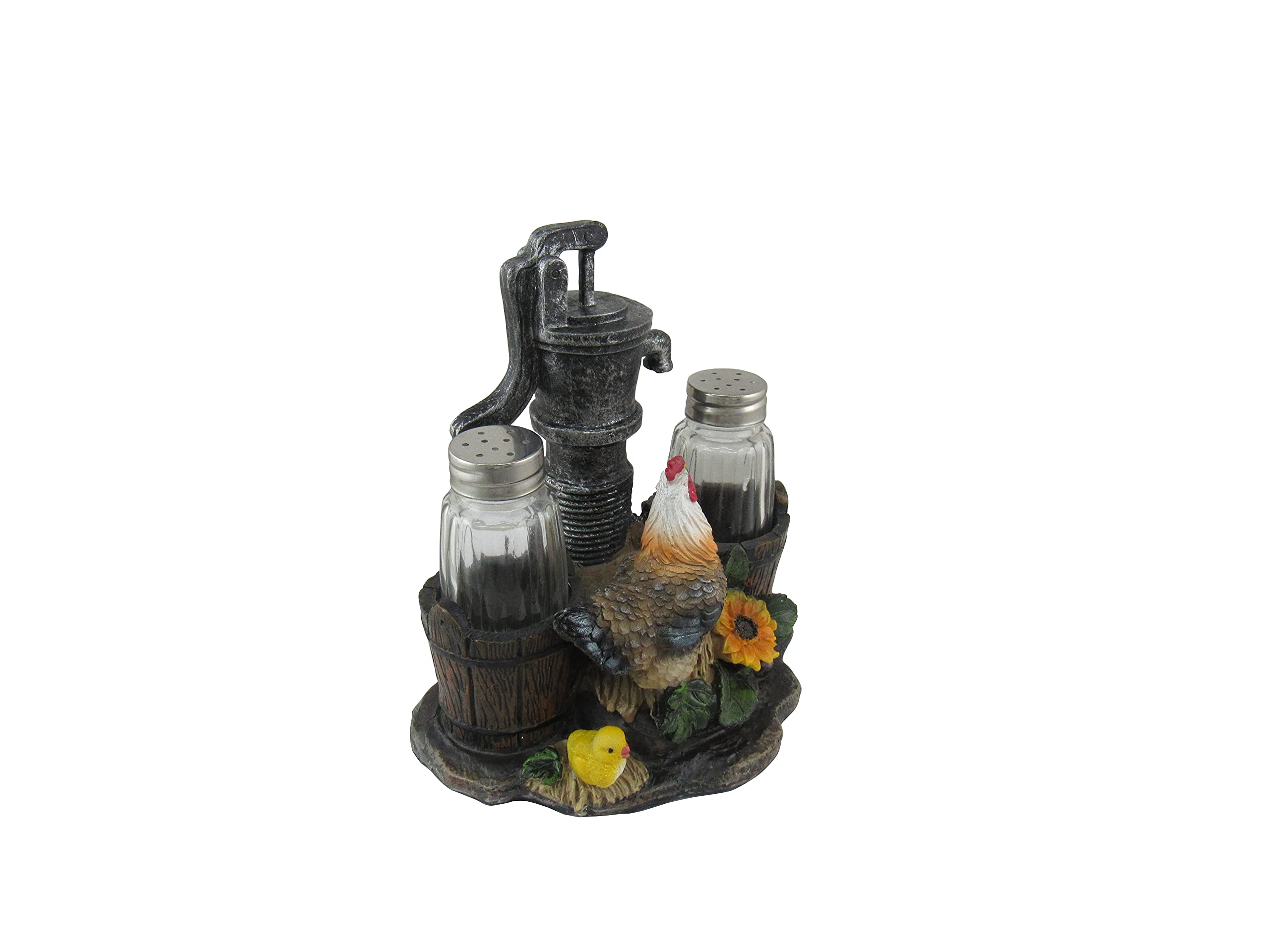 Dwk Farmhouse Chicken Figurine With Vintage Water Pump Spice Holder With Refillable Salt And Pepper Shakers 3 Piece Set | Rustic