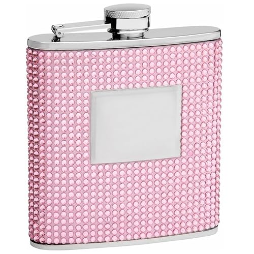 Hip Flask Holding 6 Oz - Beaded Rhinestone Design - Pocket Size Stainless Steel Rustproof Screw-On Cap