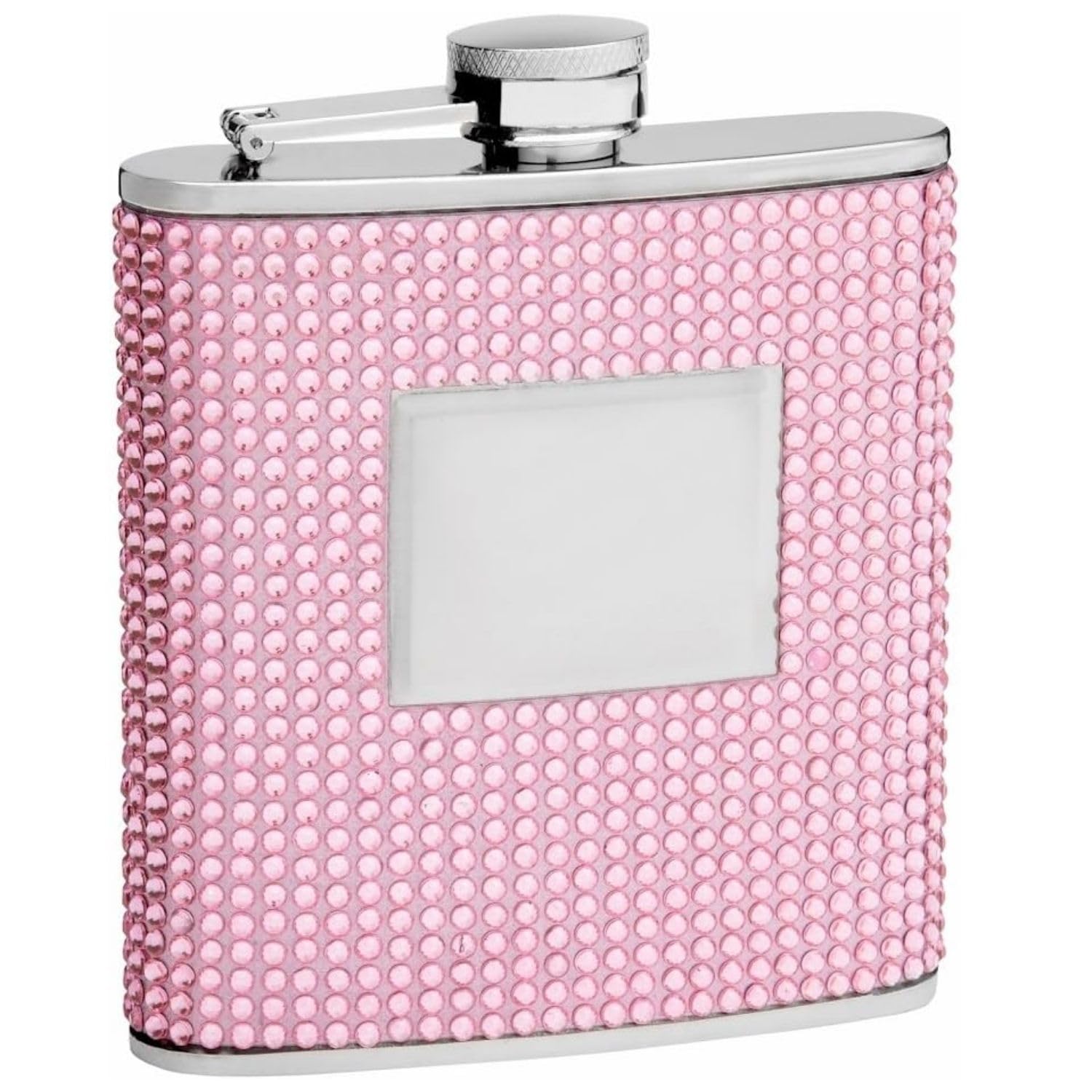 Hip Flask Holding 6 Oz - Beaded Rhinestone Design - Pocket Size Stainless Steel Rustproof Screw-On Cap