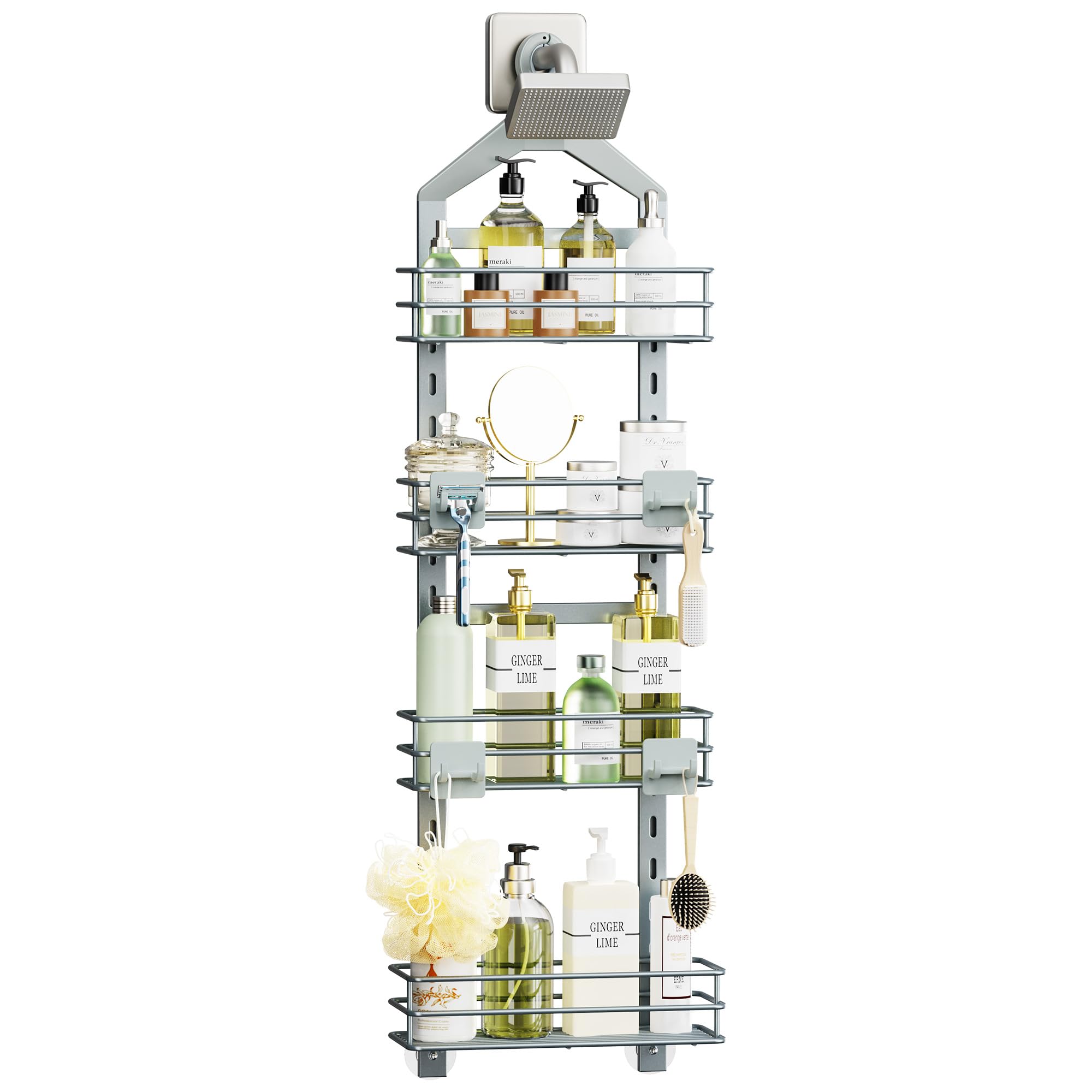 Orimade 4 Tier Adjustable Anti-slip Shower Caddy over Shower Head,Rustproof Bathroom Hanging shower Organizer with 4 Hooks for R