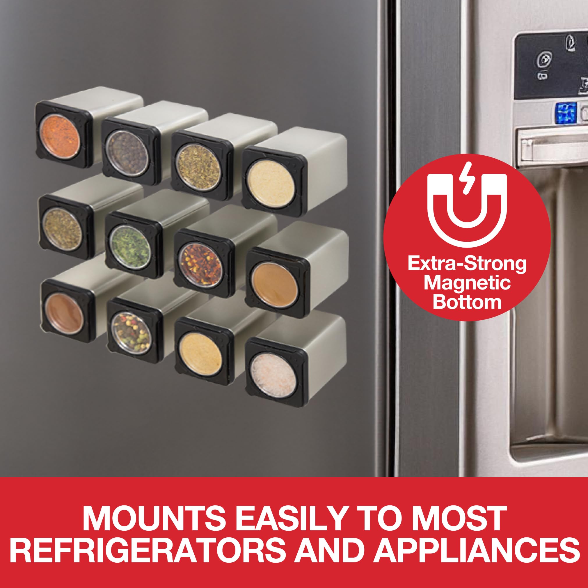 Magnetic Spice Jars-Shake Or Pour Containers Attach To Most Refrigerator Doors & Appliances- Set Of 3 Seasoning Dispensers-Easy