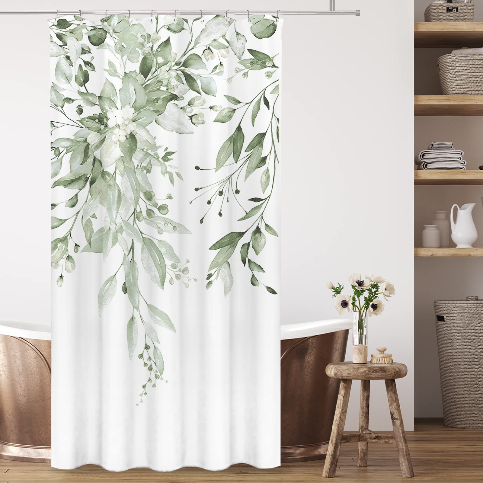 Tititex Lime Light Green Eucalyptus Shower Curtain Sets, Watercolor Leaves On The Top Plant With Floral Bathroom Decoration 36X7